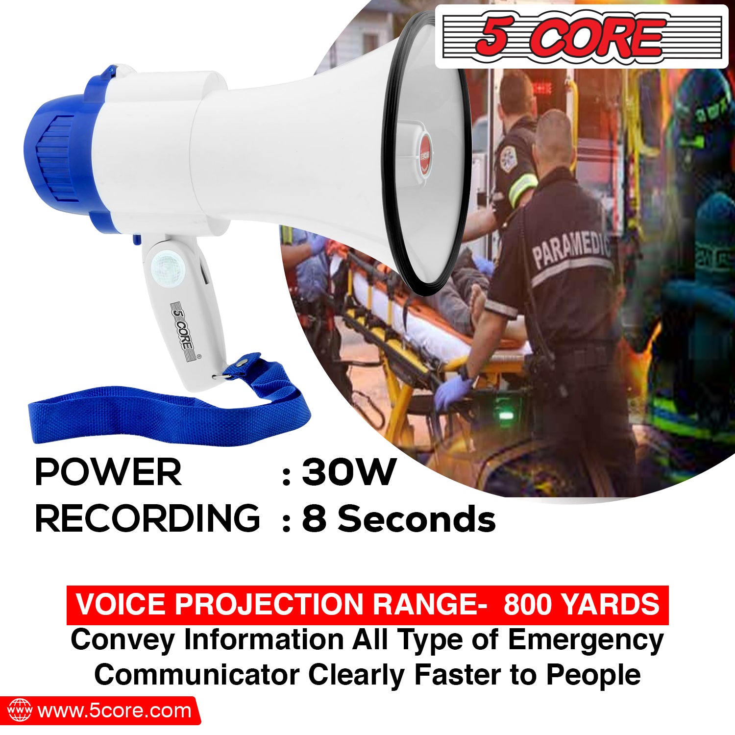 30W Power amplifies your voice with clarity up to 800 yards