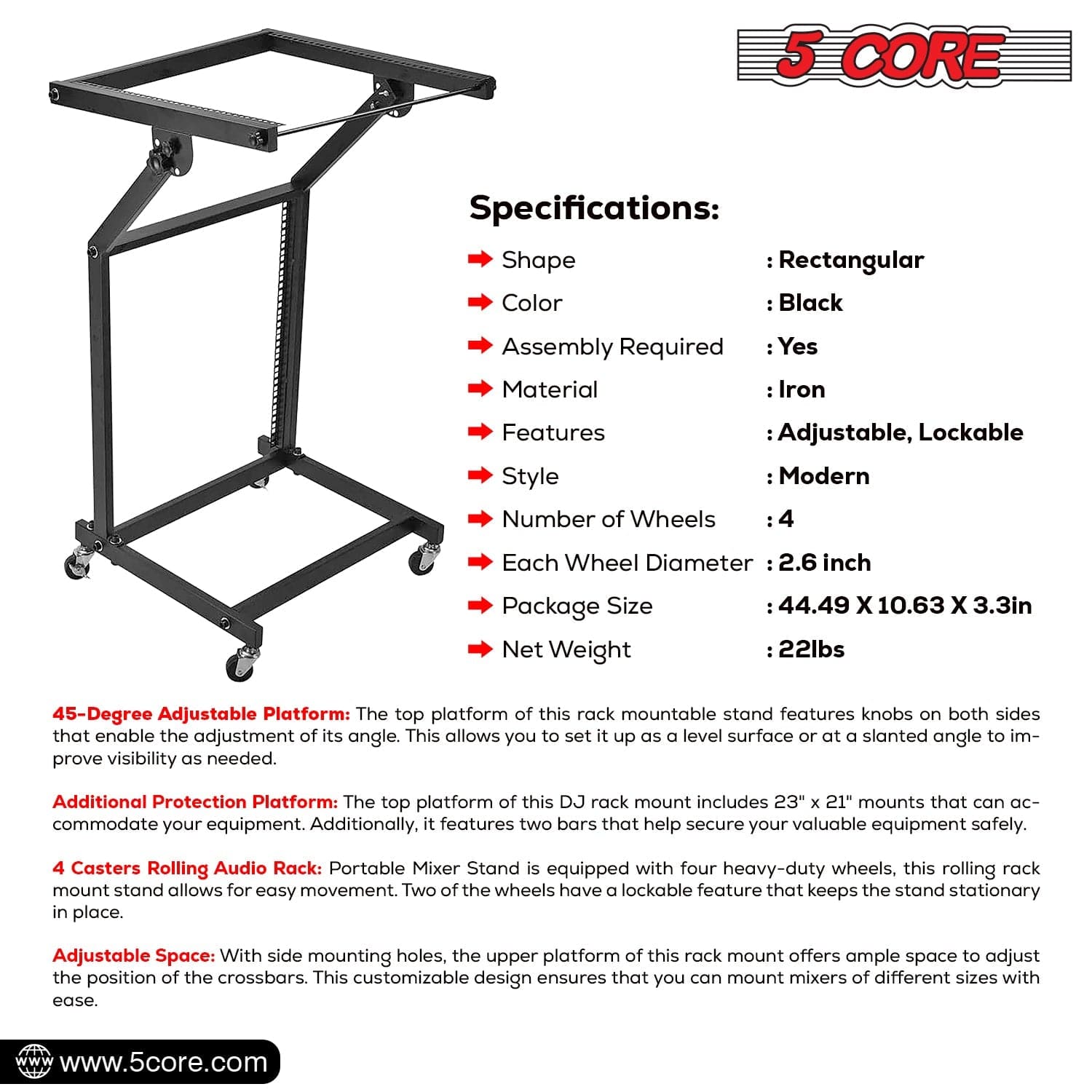 5Core DJ Mixer Stand 12U Adjustable Rack Mount Rolling Stage Cart Pro Audio Studio Equipment w Wheel