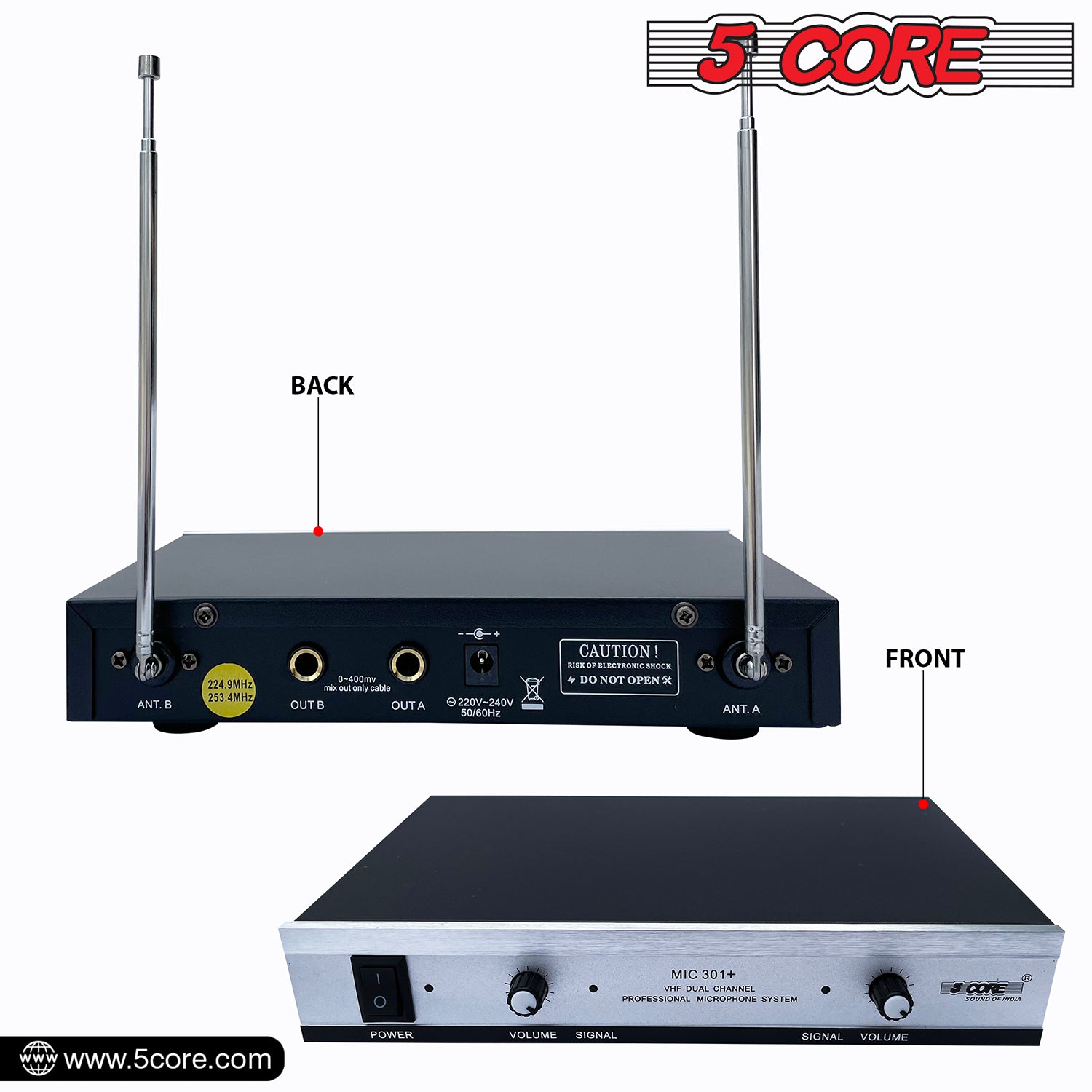 5Core Wireless Microphones w 1 VHF Dynamic Unidirectional Handheld Microfono Inalambrico & 1 Collar Mic with Receiver
