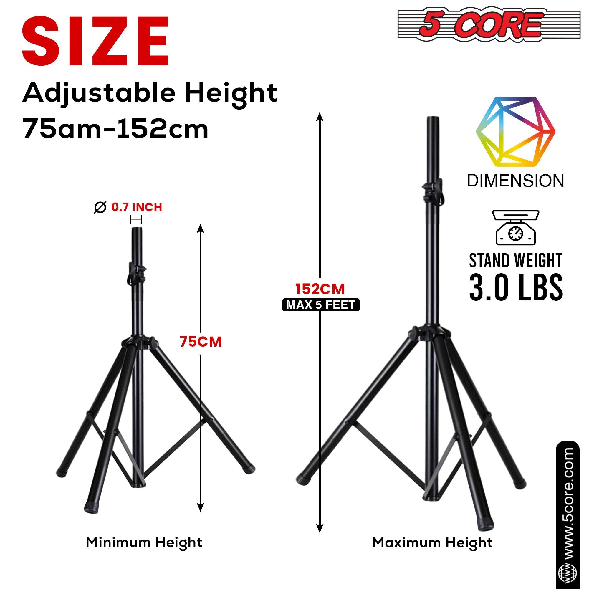 5 Core PA Speaker Stands Adjustable Height Professional Heavy Duty DJ Tripod with Mounting Bracket Extend from 68 - 152 CM Black SS HD 1PK 5FT
