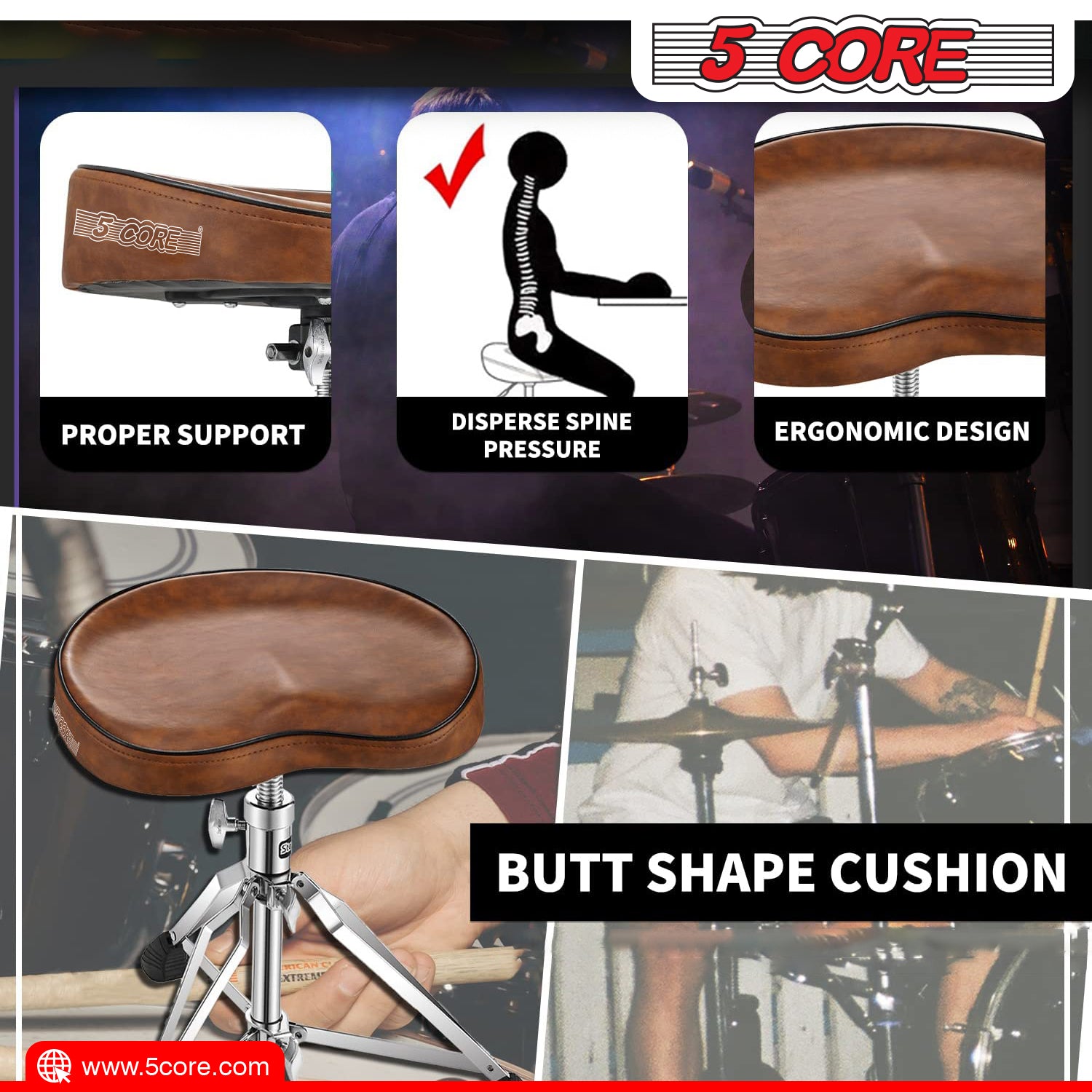 5 Core Drum Throne Thick Padded Comfortable Guitar Stool with Memory Foam Heavy Duty Adjustable Padded Keyboard Chair Metal Piano Stool Premium Musician Chair Brown - DS CH BR SDL HD