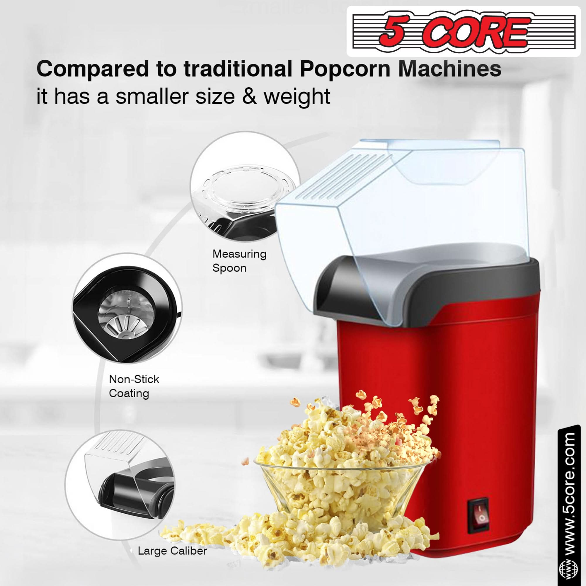 5Core Popcorn Machine 16 Cup Hot Air Popper Mini Portable Electric Pop Corn Maker RED