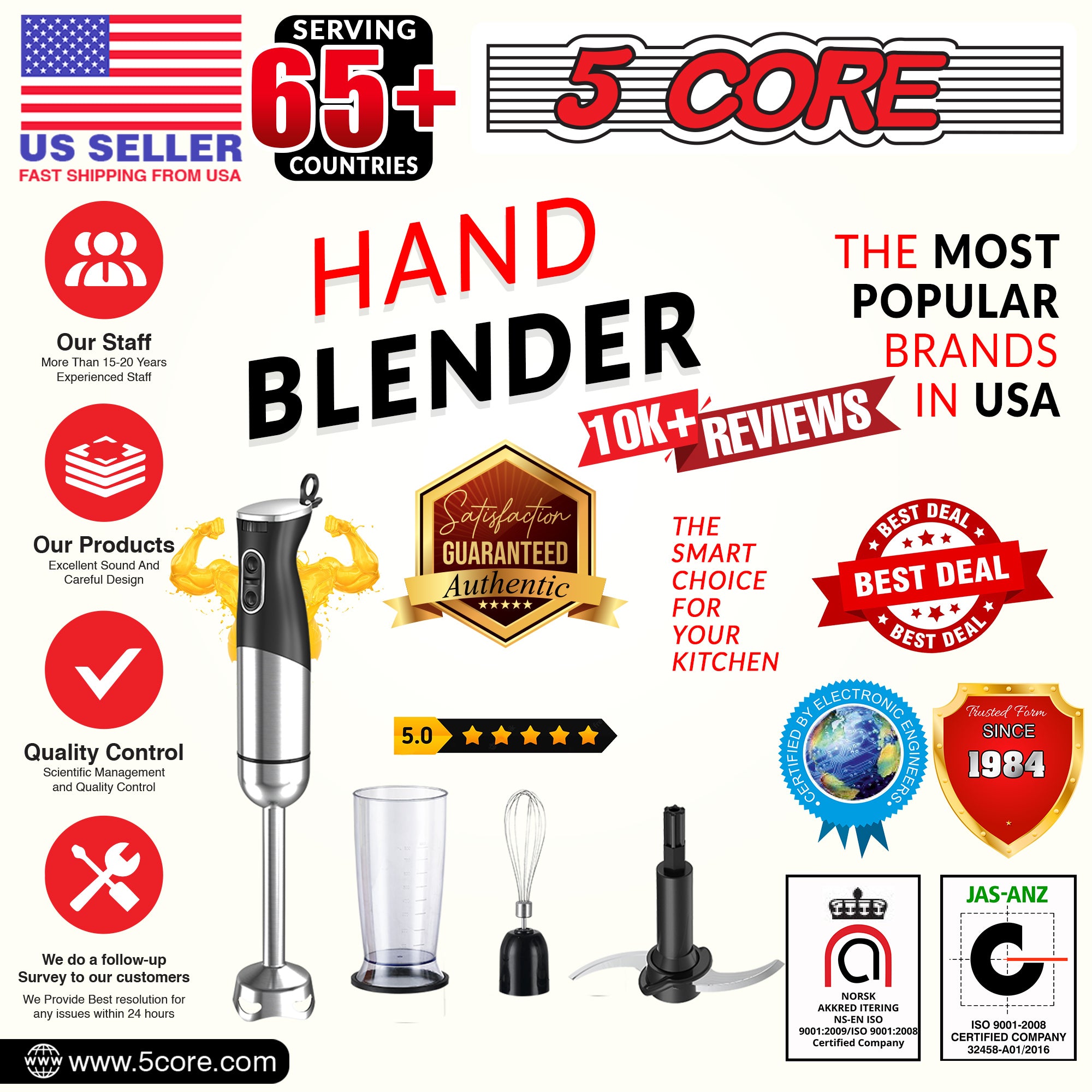 Hand Blender Immersion Blender Handheld Stick Batidora Electric Blenders  Emersion Hand Mixer For Kitchen 5 Core HB 1510 BLK 