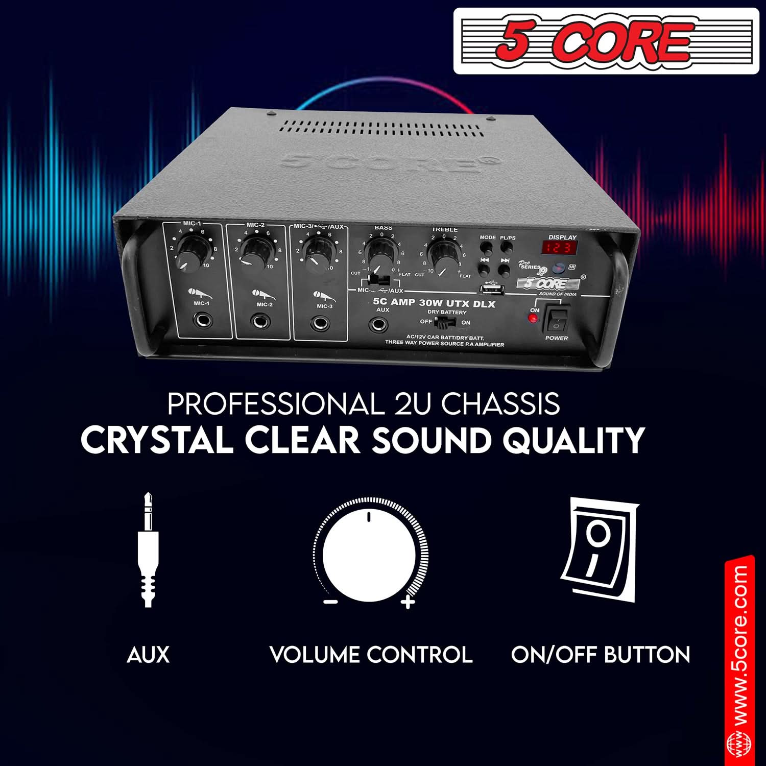 5 Core Outdoor Amplifier: Stereo receiver for DJ and karaoke with home PA speaker system.