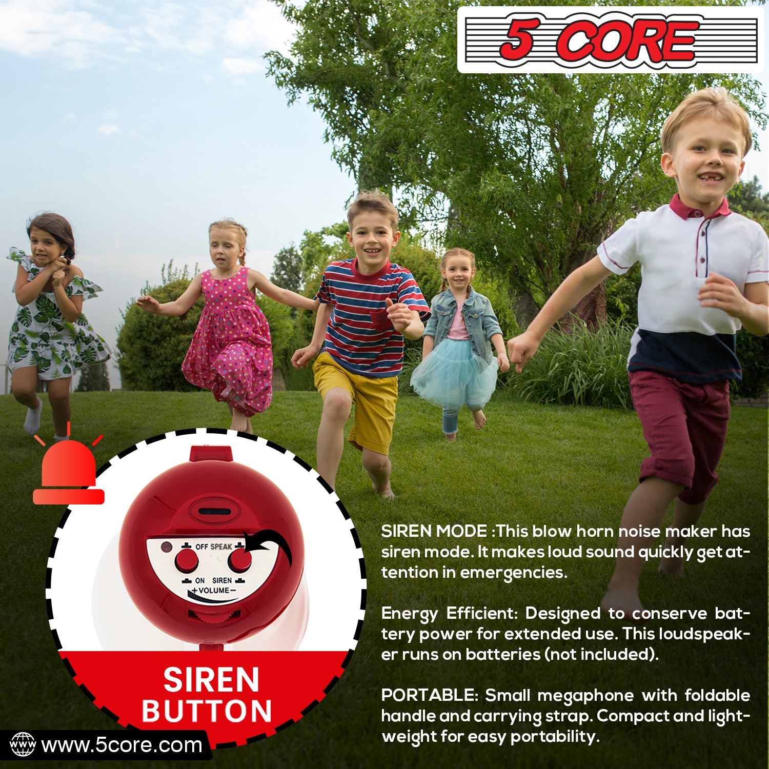 5 Core Kids Mini Megaphone Bullhorn Toy PA Speaker 15W Bull Horn Loud Speaker Portable w Volume Control Siren Alarm Noise Maker Weather Resistant for Sporting Event Party 400 Yard Range- HW 1