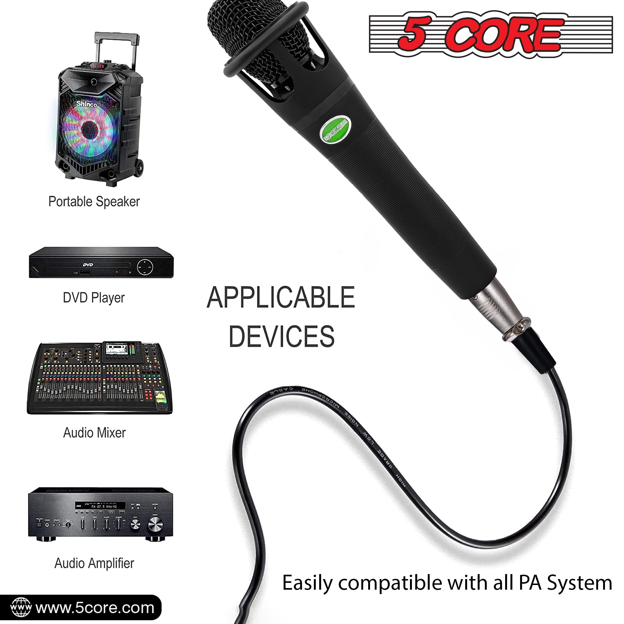 5 Core Microphone 1 Piece Black Karaoke XLR Wired Professional Dynamic w Integrated Pop Filter Cardioid Unidirectional Pickup Handheld Micrófono for Singing DJ Podcast Speeches Includes Cable Mic Holder Mini Tripod - MIC CROWN