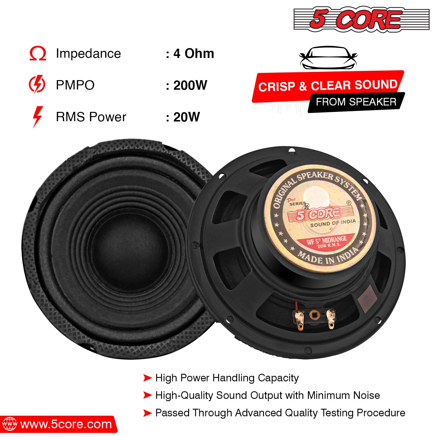 5 Core Dual Midrange Car Speakers, 200W - Perfect Audio Upgrade