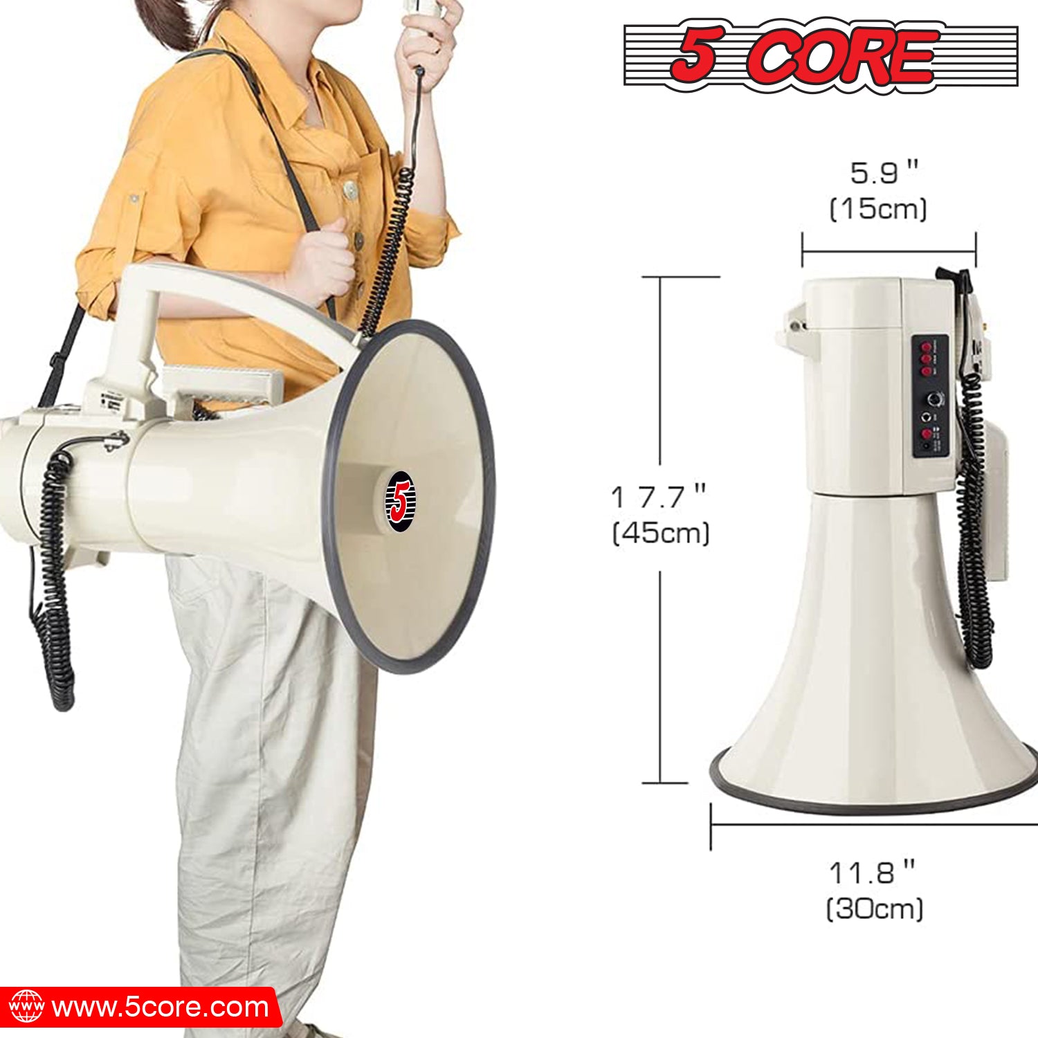 Extended Range Capability - 5 Core Megaphone Projects Sound up to 2000 Yards