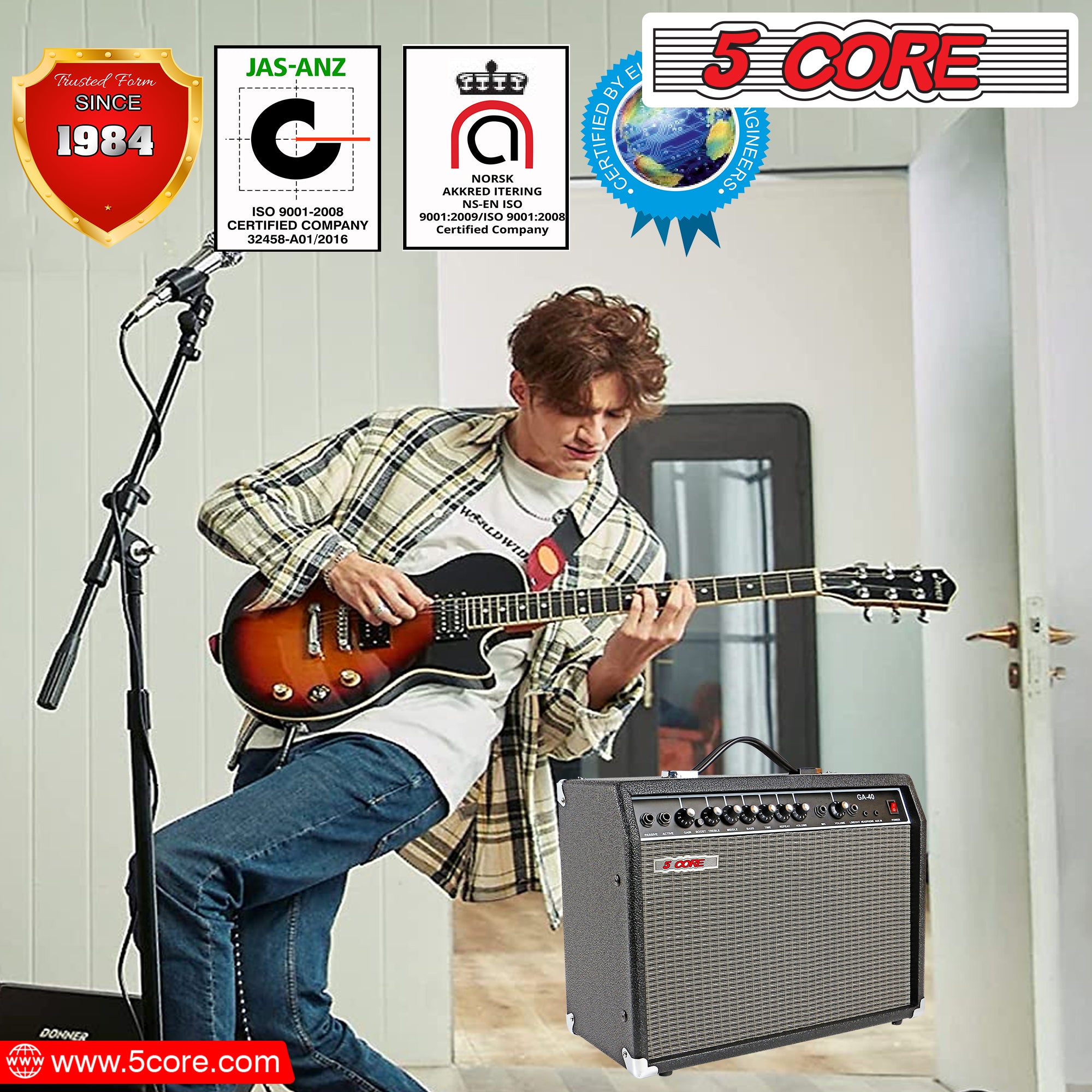 5 Core Guitar Amplifier Mini Bass Electric Guitar Amp 40W Portable Acoustic Guitar Amp w Aux Input Volume Bass Treble Control -GA 40 BLK