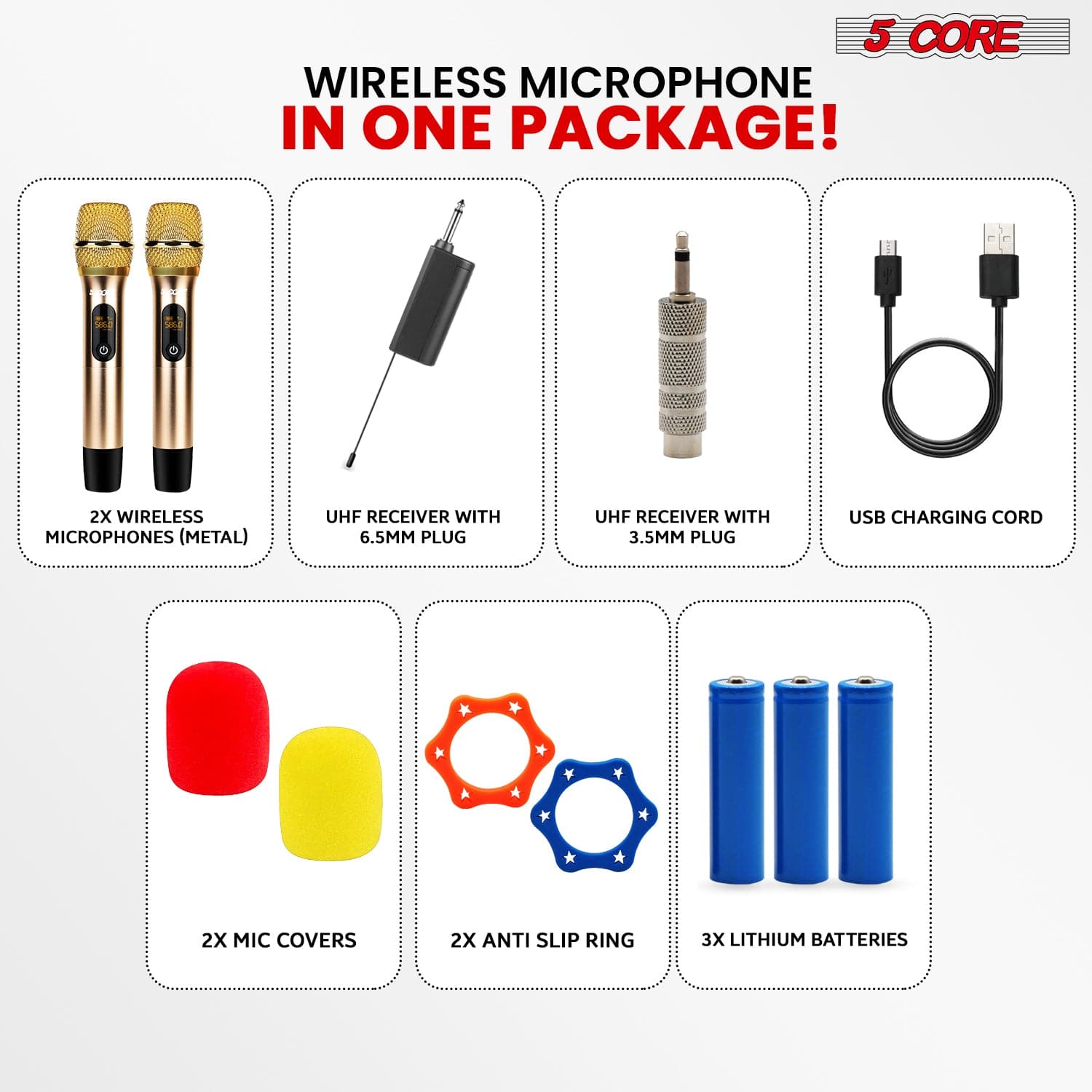 5 Core UHF Wireless Microphone • 210FT Max Range Microfonos Inalambricos • Cardioid Karaoke Dynamic Mic Gold/ Gray