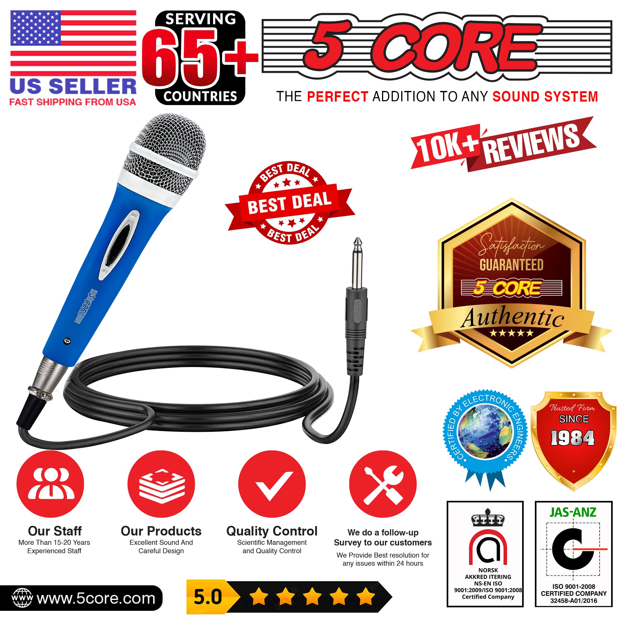 5 Core Karaoke Microphone Dynamic Vocal Handheld Mic Cardioid Unidirectional Microfono w On and Off Switch Includes XLR Audio Cable for Singing, Public Speaking, & Parties -PM 286 BLU