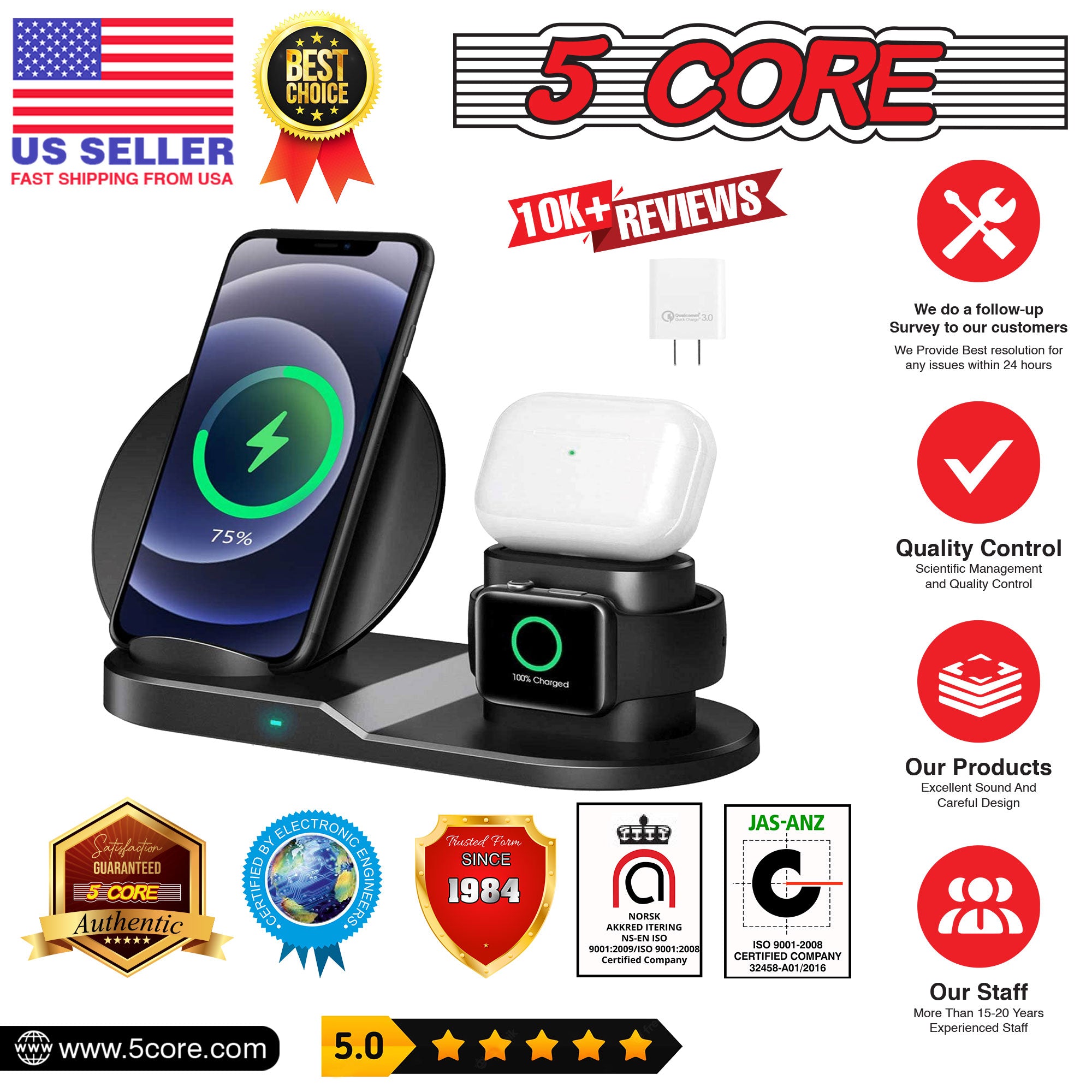 5 Core Wireless Charging Station • 10W 3 in 1 Fast Phone Watch Earpod Wireless Charging Stand