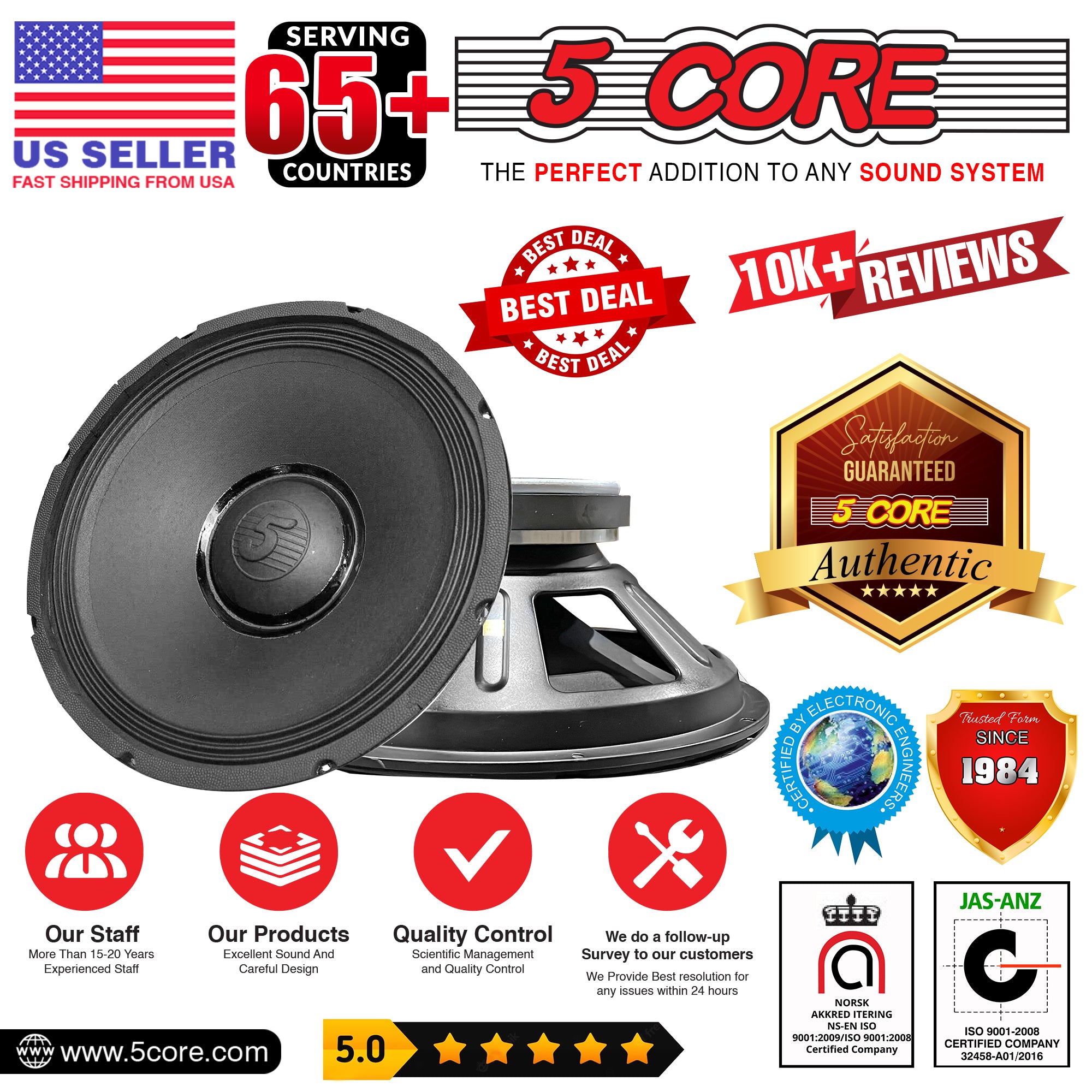 5 Core 15 Inch Subwoofers 2200W PMPO Raw Replacement Speaker 8 OHM Pro Audio Sub Woofer System Powerful Bass Surround Sound -15-185 MS 250W