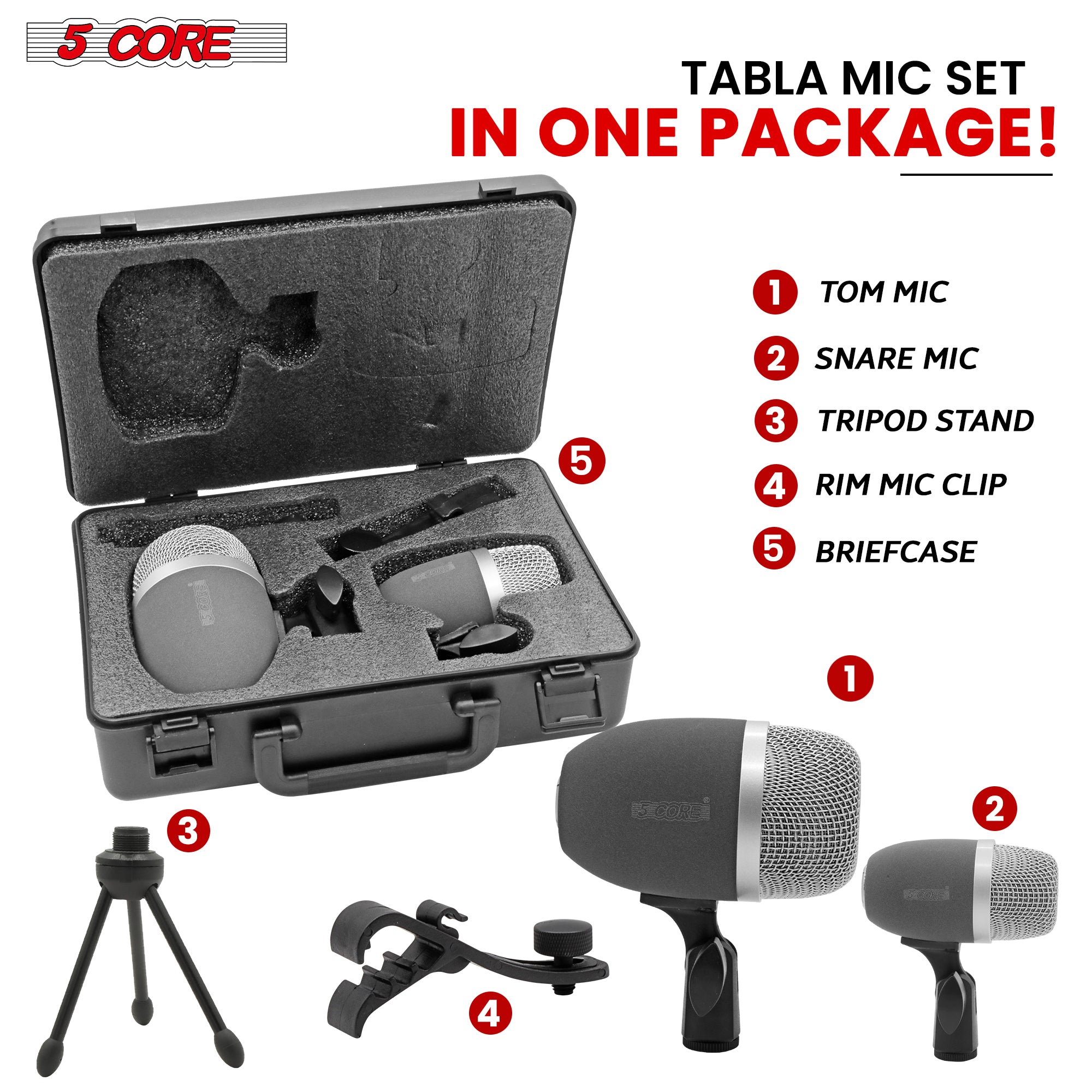 5 Core Tabla Mic • XLR Wired Uni Directional Snare Tom Instrument Microphone w Dynamic Moving Coil