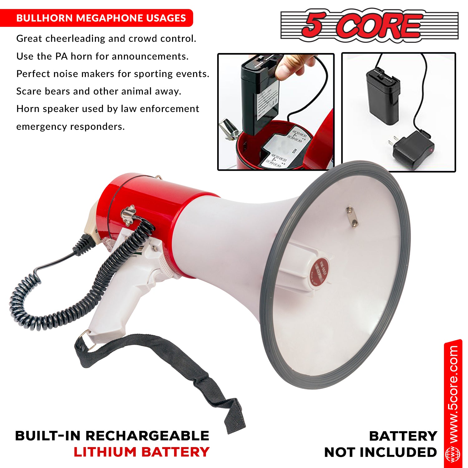 5 Core Megaphone Bull Horn 50W Rechargeable Loud Siren Noise Maker Professional Bullhorn Speaker PA System w Recording USB SD Card Adjustable Volume for Coaches Sport Speeches Emergencies Crowd Control -66SF