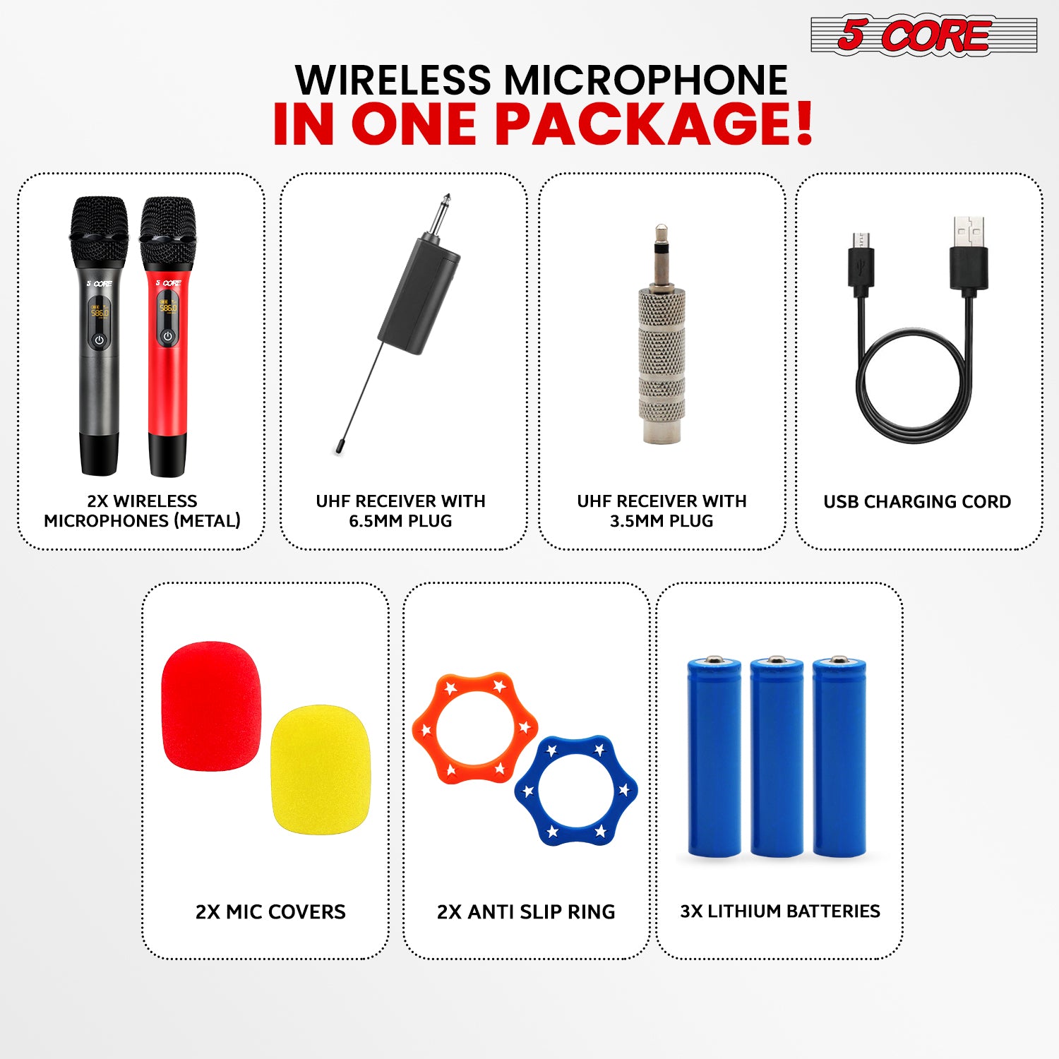 5 Core UHF Wireless Microphone • 210FT Max Range • Karaoke Dynamic Metal Mic • Cardioid Pickup