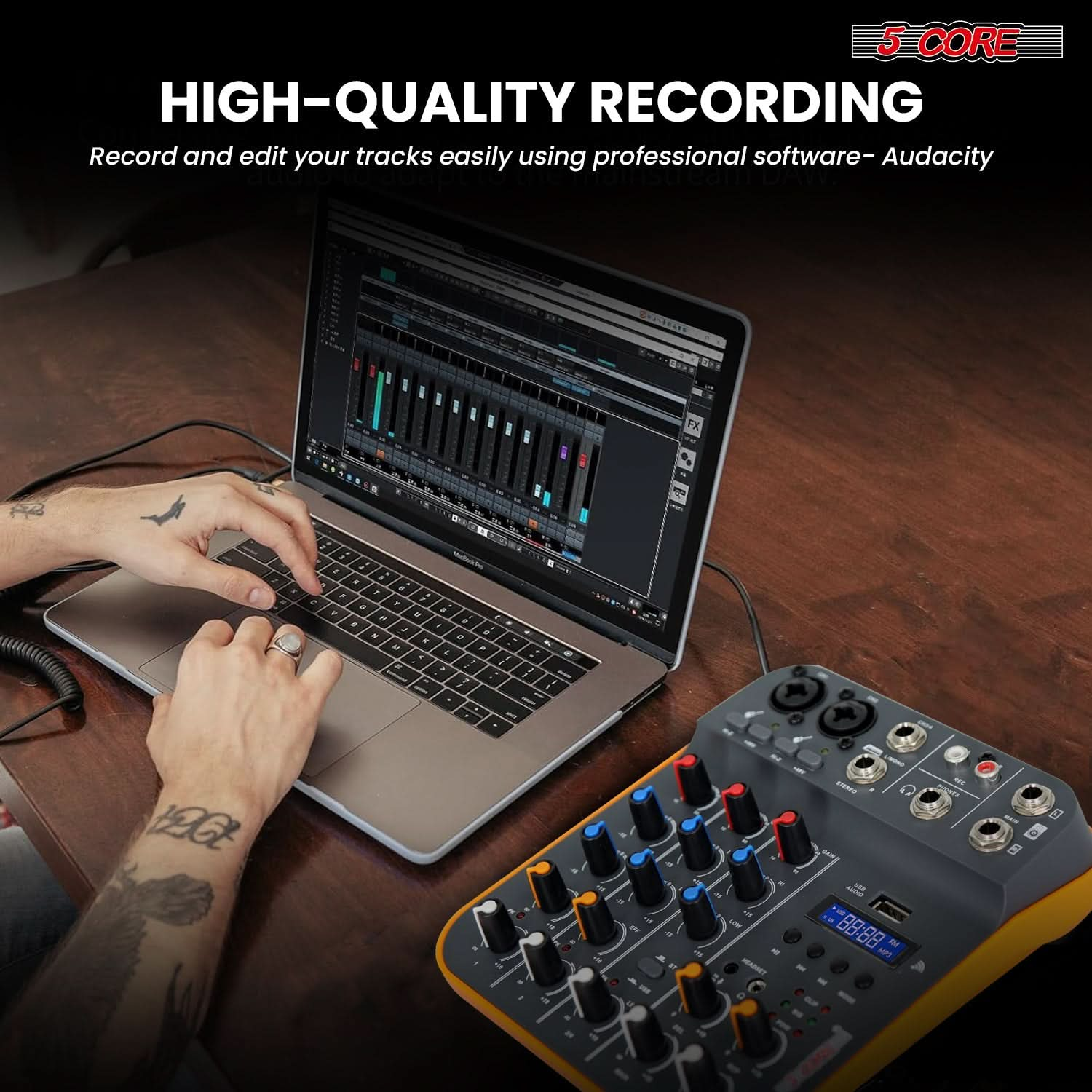 This recording mixer enhances sound quality by balancing and blending audio inputs for a professional finish