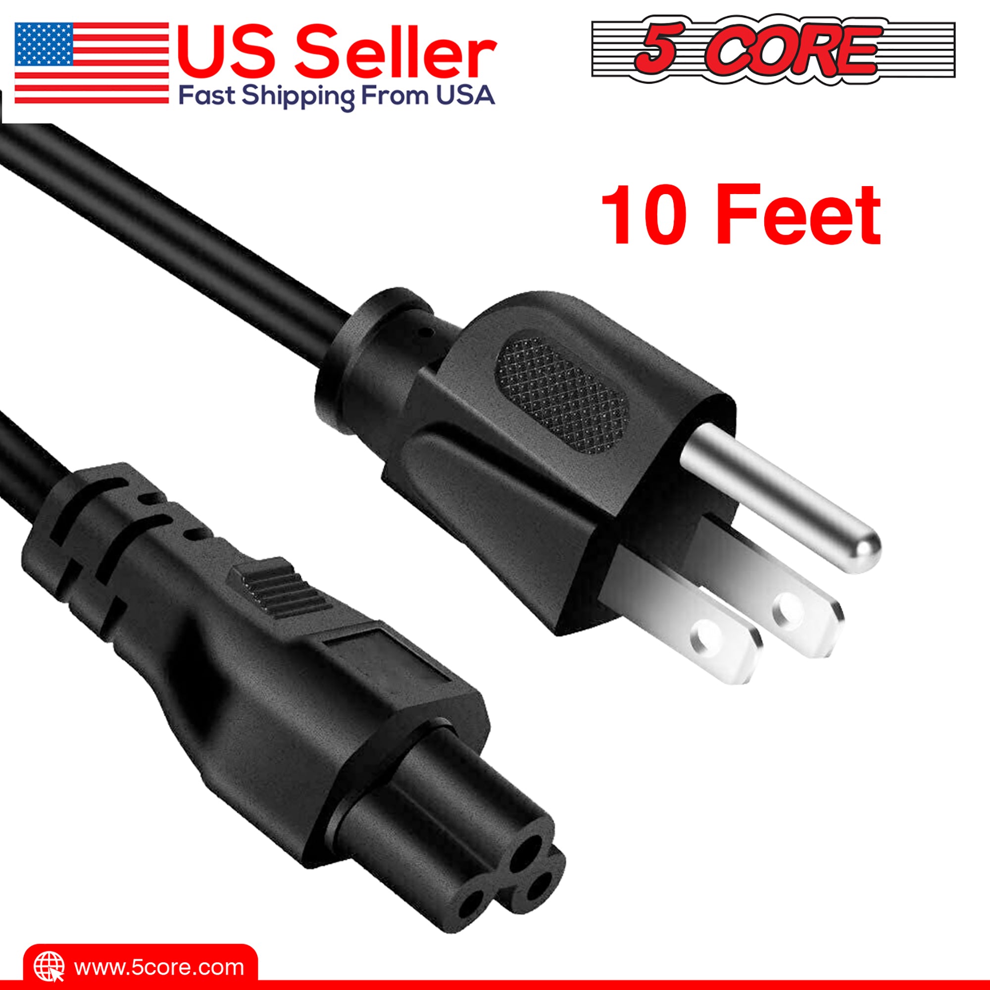 5Core AC Power Extension Cord 10Ft 3 Prong Adapter 16AWG/2C 125V 13A US Polarized Male to Female