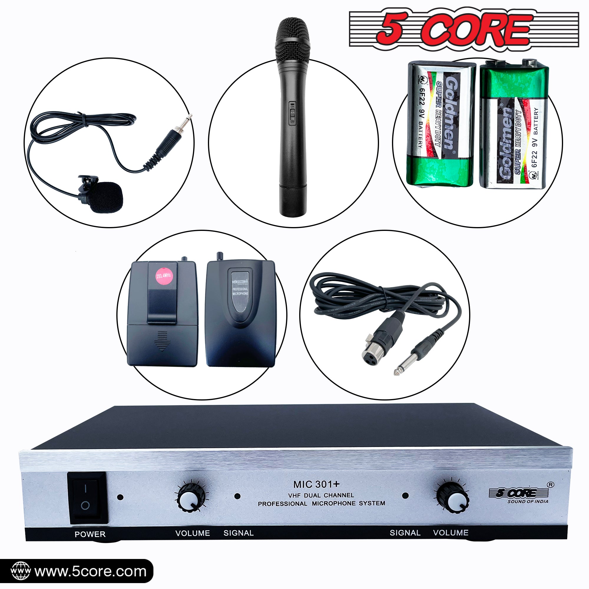 5 Core Dual Channel Wireless Microphone System w Dynamic Mic Handheld Portable Cordless Microfone Microfono Inalambrico Profesional -WM 301 1M1C