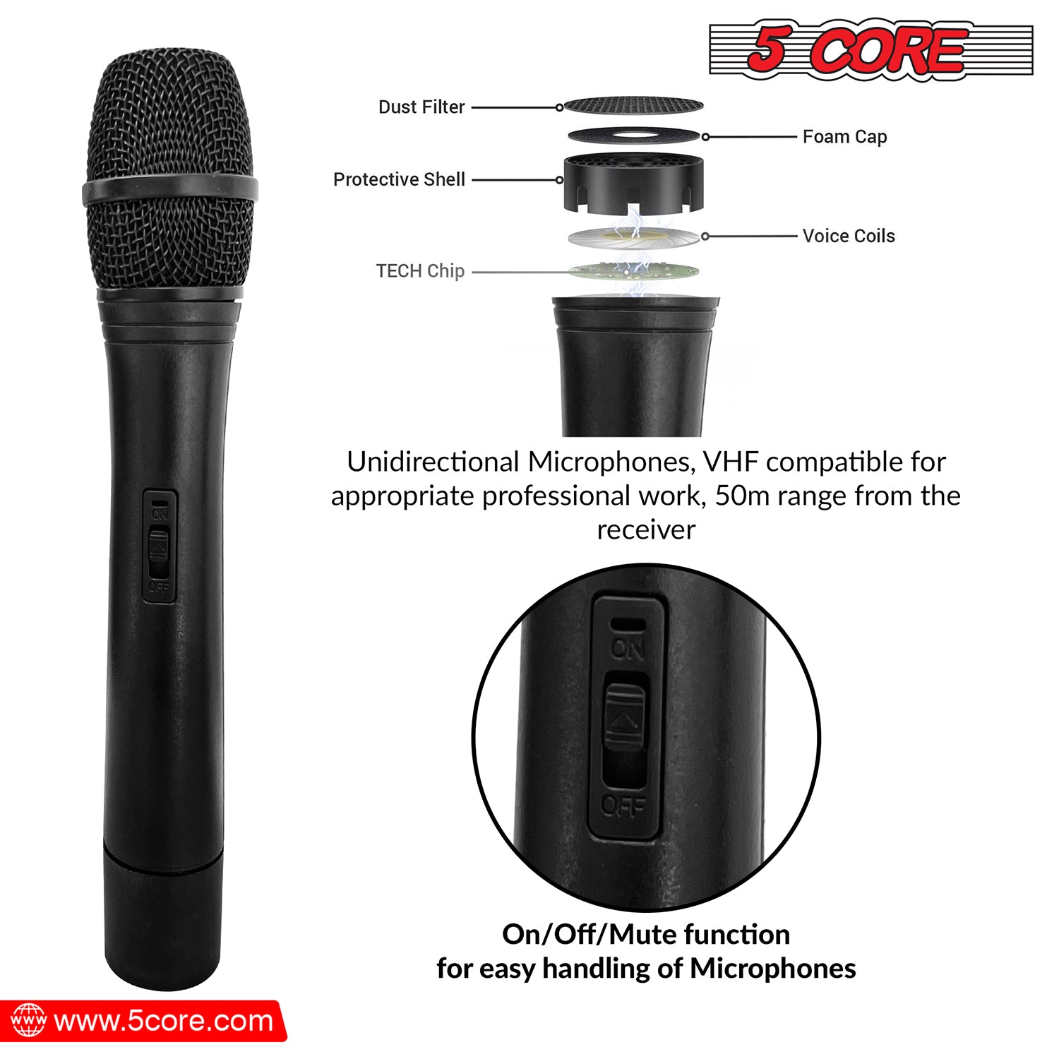 5 Core Professional Wireless Microphone System VHF Fixed Dual Frequency Microfono Inalambrico 100FT Range 2 Handheld Mics