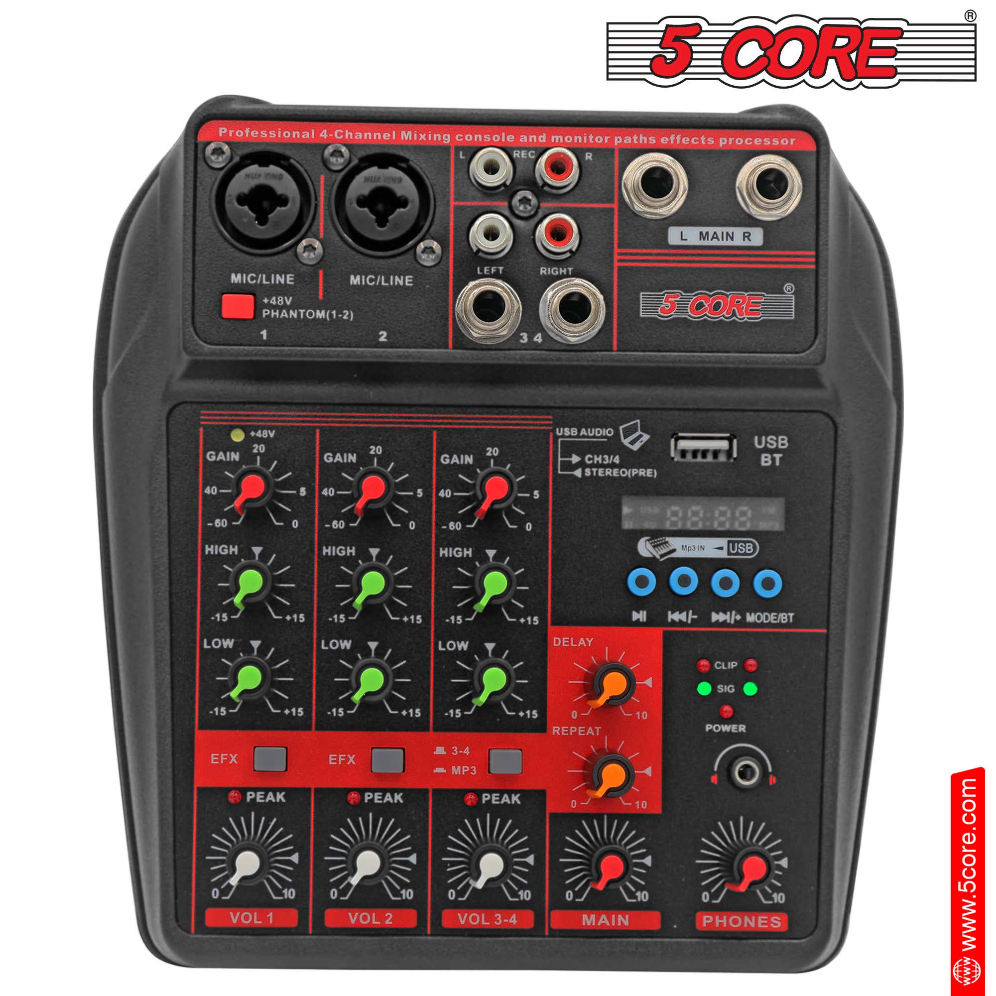 5 Core Audio Mixer Dj Mixer 4 Channel Sound Board w Built-in Effects & Usb Interface Bluetooth Reliale Karaoke Podcast Music Mixer -MX 4CH