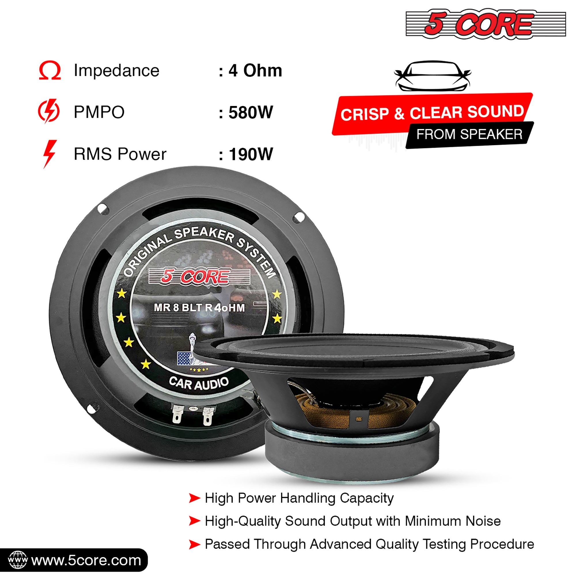 5 Core Car Speakers 8 Inch 580W PMPO 4 Ohm Midrange Speakers Built in Super Bullet Tweeters PRO Car Audio Subwoofer - MR 8 BLT R 4oHM