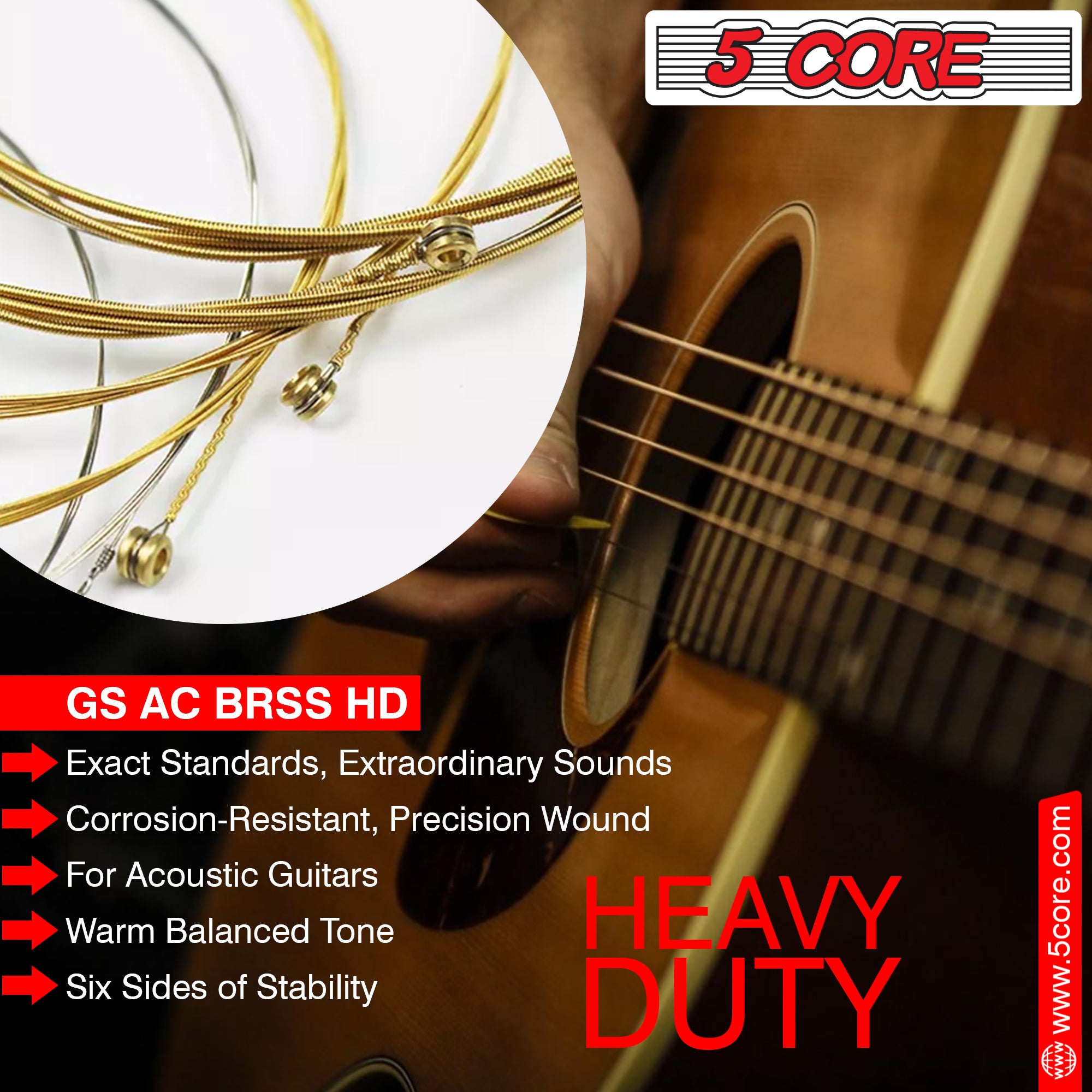 5 Core Guitar Strings • 0.010-0.047 Steel Gauge Heavy Duty w Bright Tone 6 String Acoustic Guitars
