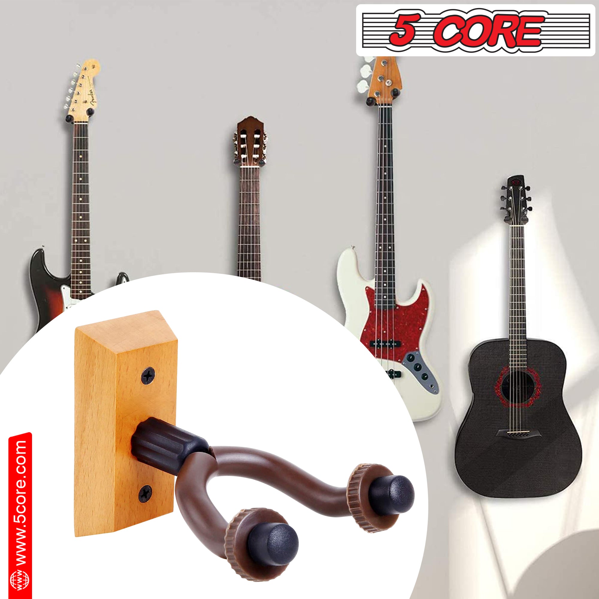 5 Core Guitar Hanger Holder - Electric Acoustic & Bass Guitars for Home Studio Musical Instruments - Wall Mount with Accessories (Wooden 2 Pieces) - GH WD 2PCS