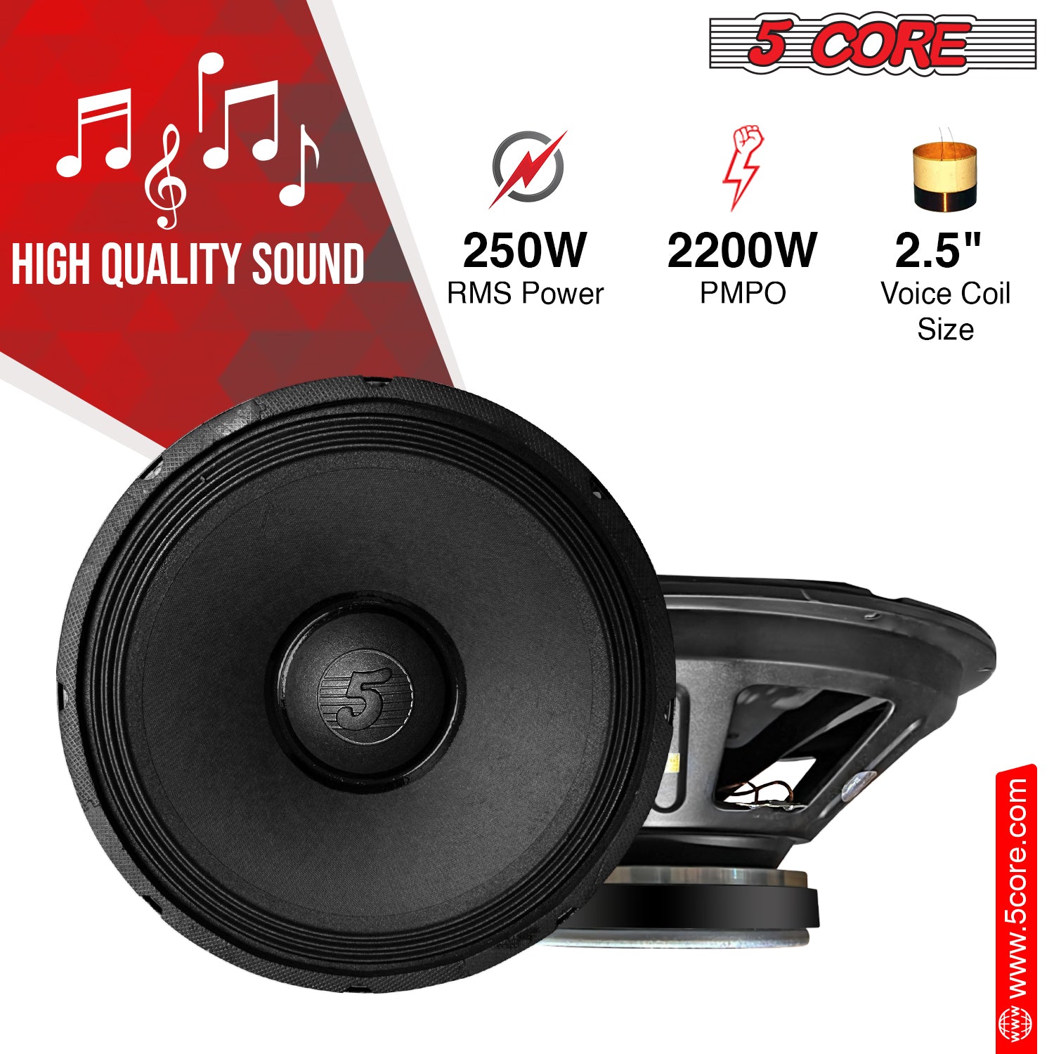 5 Core 15 Inch Subwoofer Speaker 2200W Peak 8 Ohm Replacement DJ Bass Sub Woofer w 90 Oz Magnet