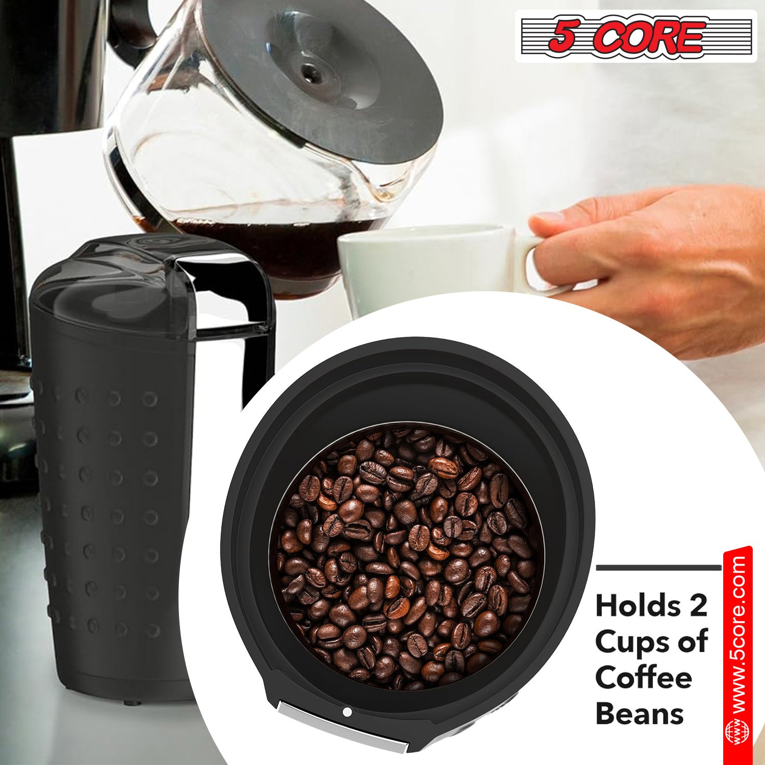 5 Core Coffee Grinder 85 Gram Capacity 150W Electric Bean Spice Grinders Black