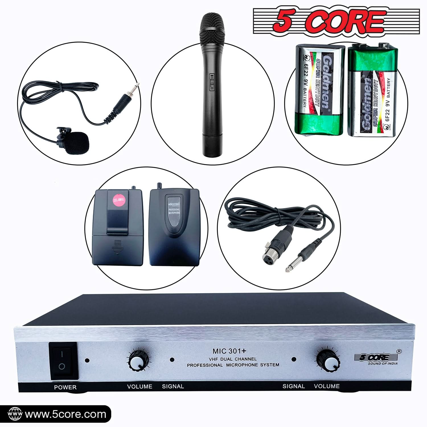 5Core Wireless Microphones w 1 VHF Dynamic Unidirectional Handheld Microfono Inalambrico & 1 Collar Mic with Receiver