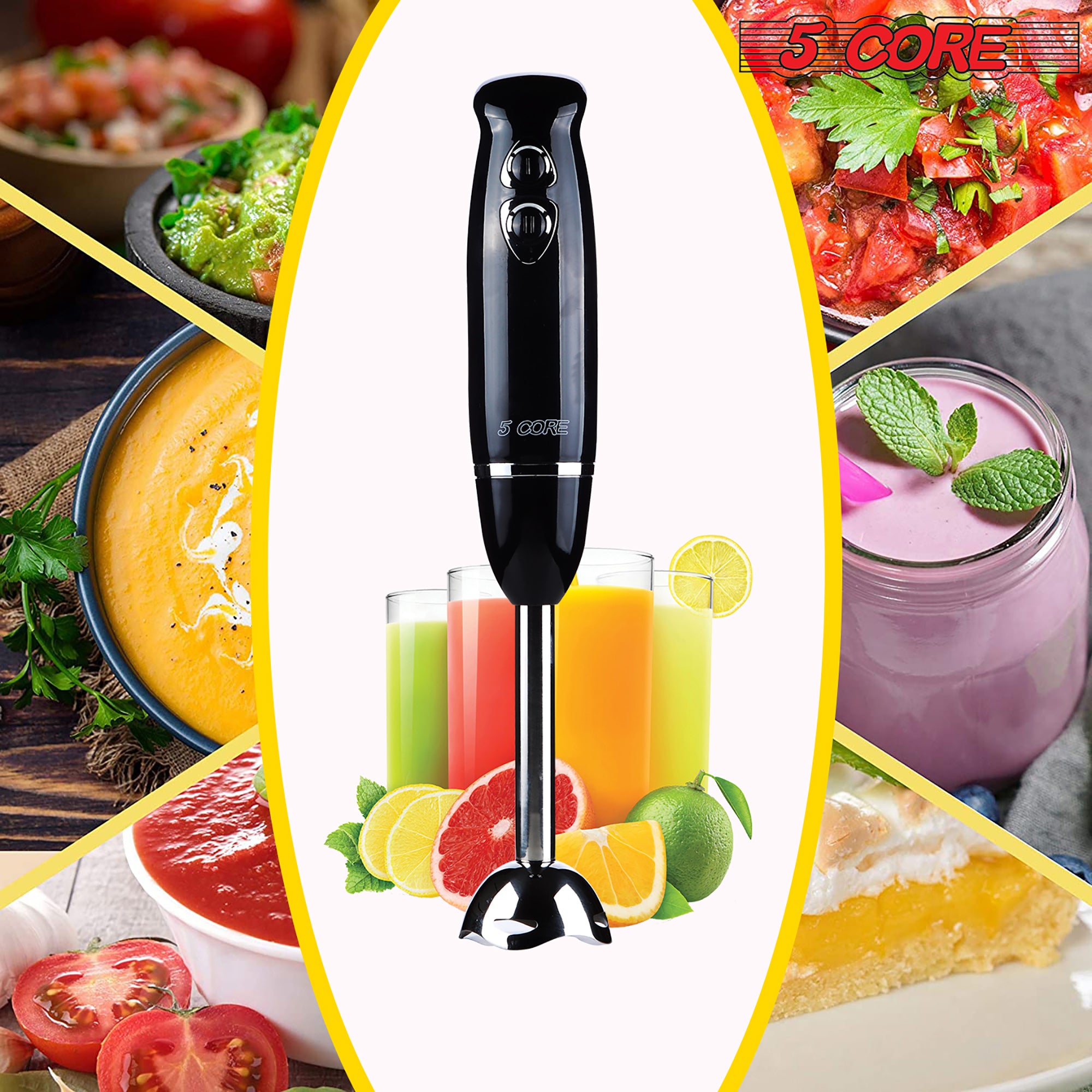 5 Core Hand Blender 500W Immersion Blender Electric Hand Mixer w 2 Mixing Speed 304 Steel Blades