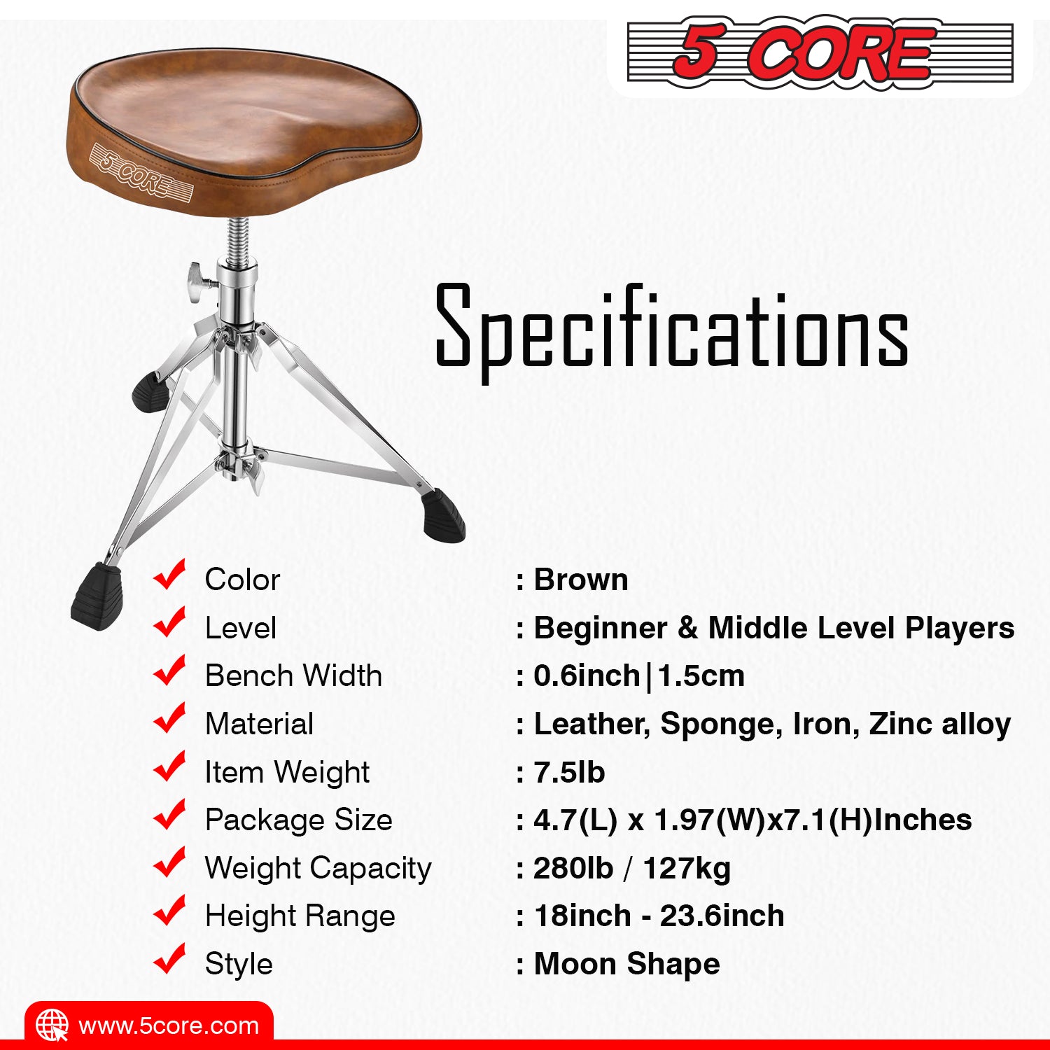 5 Core Drum Throne Thick Padded Comfortable Guitar Stool with Memory Foam Heavy Duty Adjustable Padded Keyboard Chair Metal Piano Stool Premium Musician Chair Brown - DS CH BR SDL HD