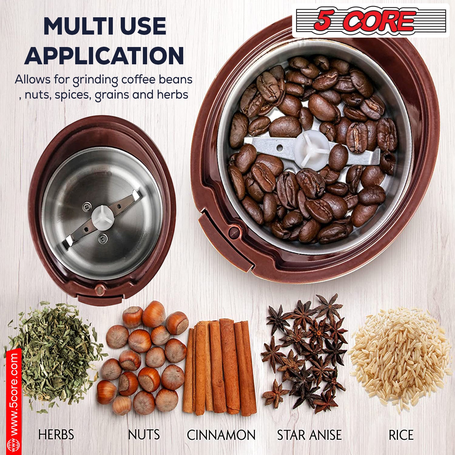 5Core Coffee Grinder 85 Gram Capacity 150W Electric Bean Spice Grinders Brown