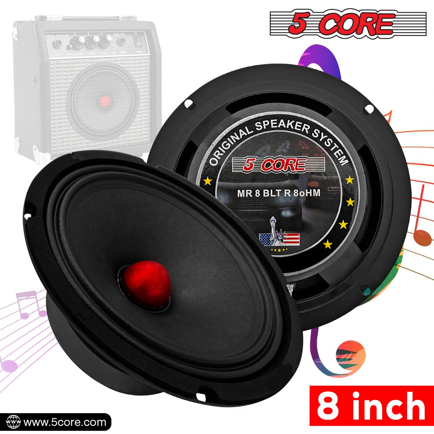 5 Core DJ Speakers 8 Inch 580W PMPO 8 Ohm Midrange Speakers Built in Super Bullet Tweeters PRO Audio Subwoofer - MR 8 BLT R 8oHM
