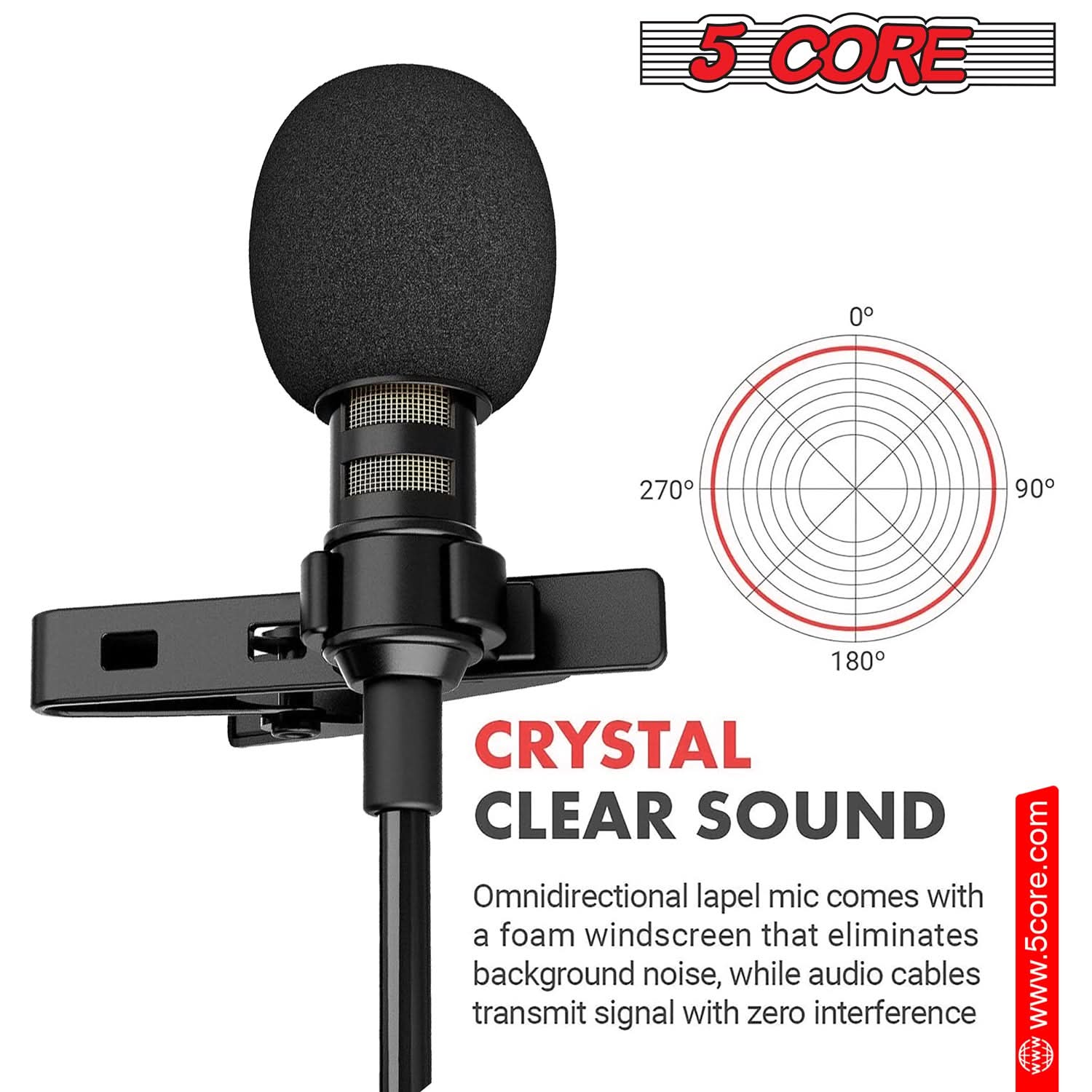 5 Core Lavalier Microphone Clip On Professional Grade 3.5mm Lapel Mic Omnidirectional Lav Mic 1/2 Pc