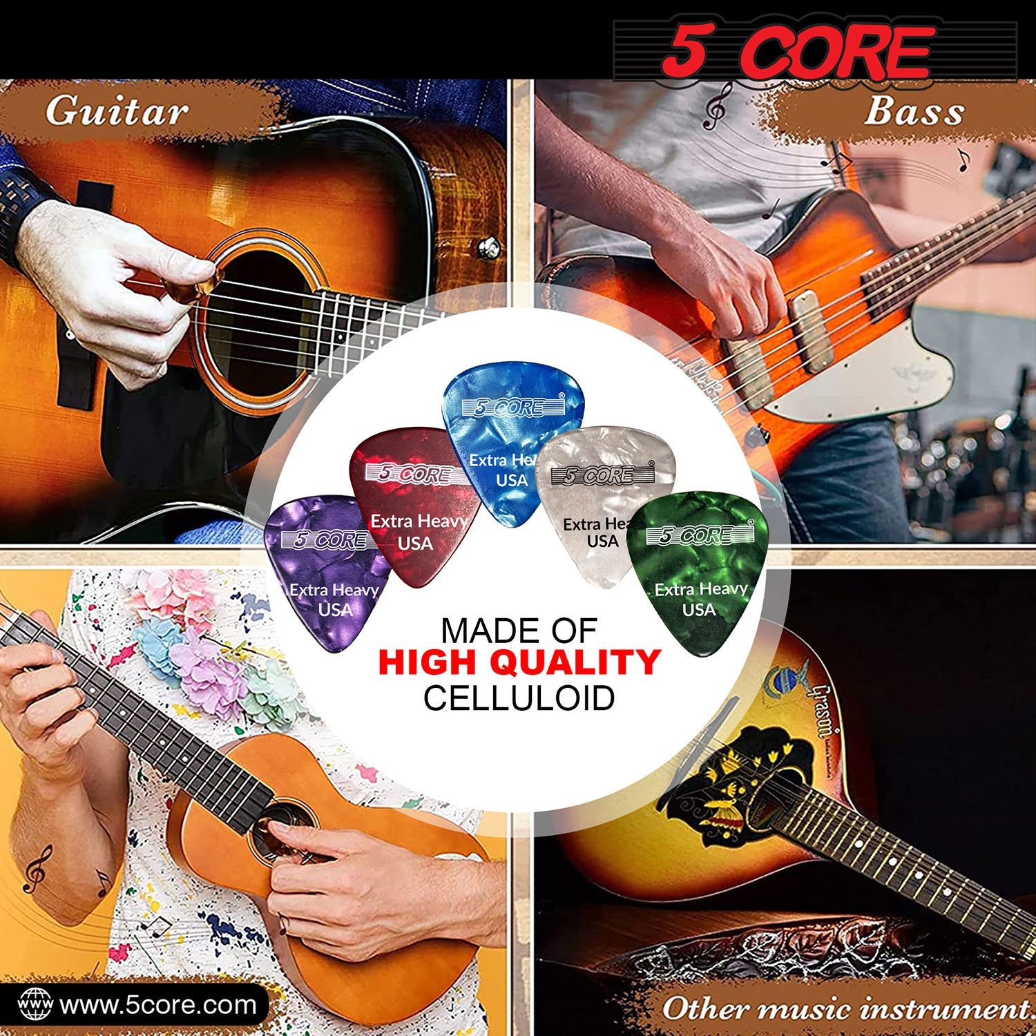 5 Core Guitar Picks 1.2mm Celluloid Extra Heavy Gauge Pick for Acoustic Electric Bass Guitar Puas Para Guitarra