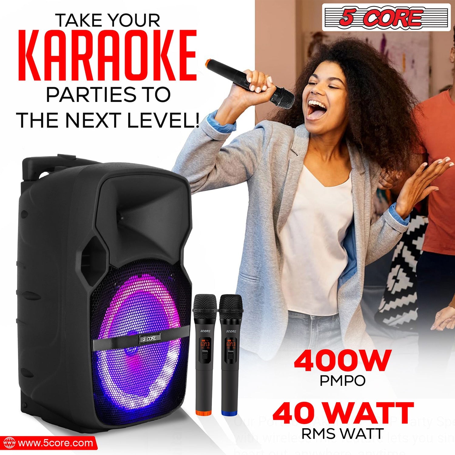 5Core Portable Party Speaker: Powerful PA system with Bluetooth, 2 wireless mics, ideal for DJ and karaoke events.