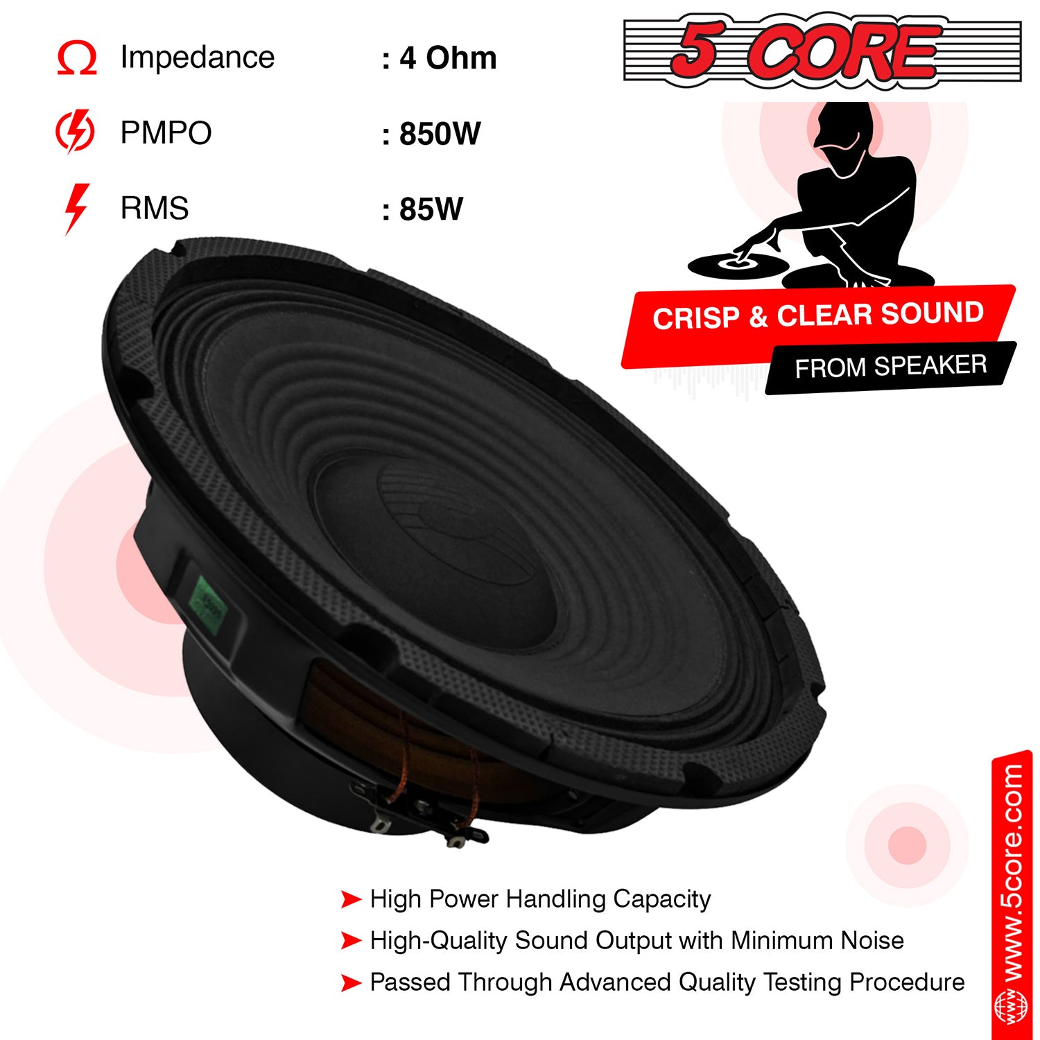 5Core 10 Inch Subwoofer Car Audio Subwoofers 850W Peak 4 Ohm Replacement Full Range Car Bass Sub Woofer Speaker