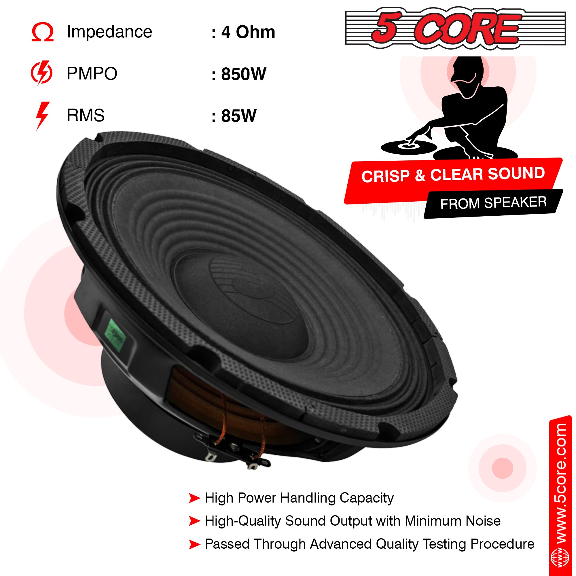 5 Core 10 Inch Subwoofer 1 Piece 85 Watt RMS Power Car Audio Speaker 4 OHM Raw Replacement Sub Woofer System Powerful Bass Surround Sound Stereo Subwoofers w Premium Magnet 1 Inch Voice Coil - FR-10-120 WP