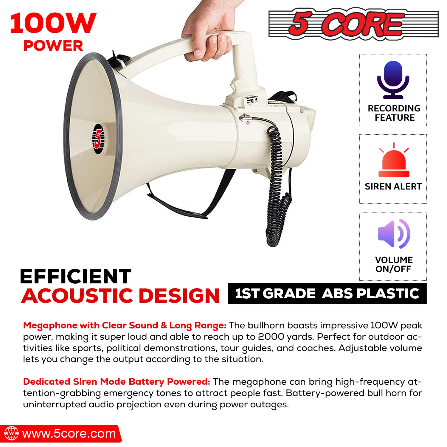 Enhanced Voice Projection - 5 Core Bull Horn Megaphone Delivers Crisp and Clear Audio