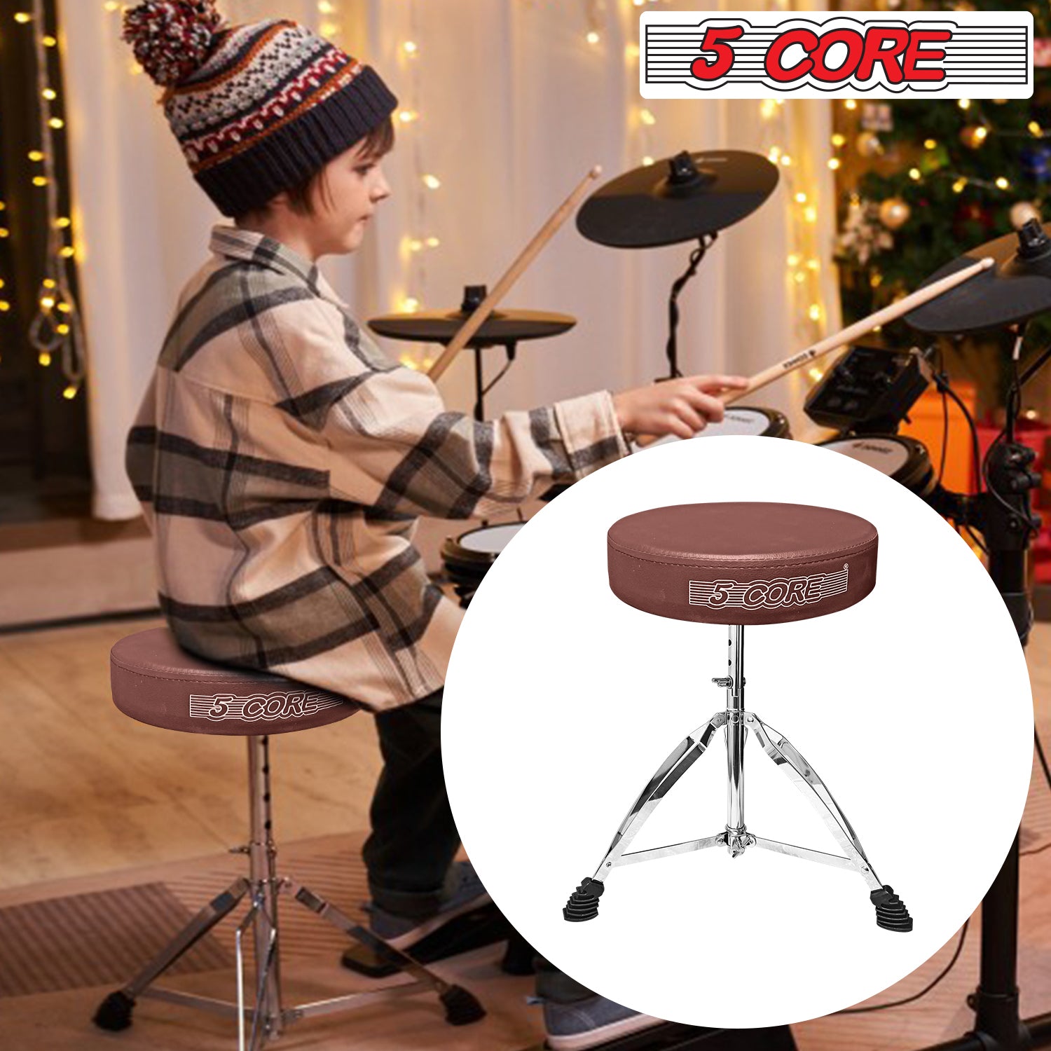 5 Core Drum Throne Guitar Stool Thick Padded Drummers Chair Piano Seat Chrome Brown
