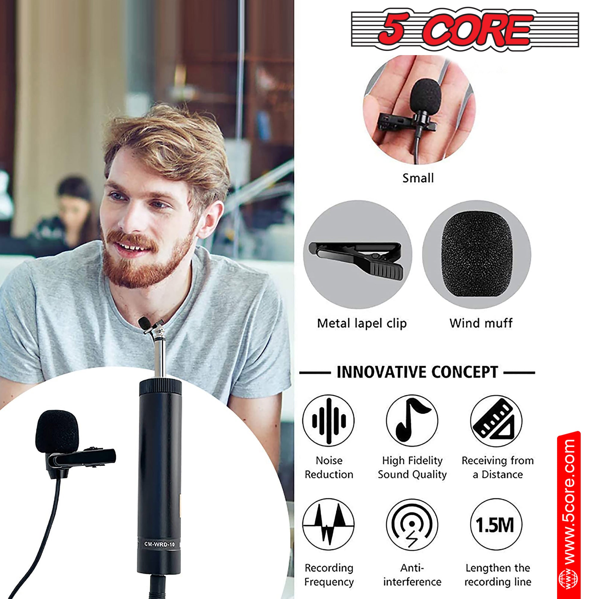 5 Core Lavalier Microphone for iPhone & Tablet External Clip On Mini Lapel Mic for Video Recording & Vlogging with 3.5mm Connector -MIC WRD 10
