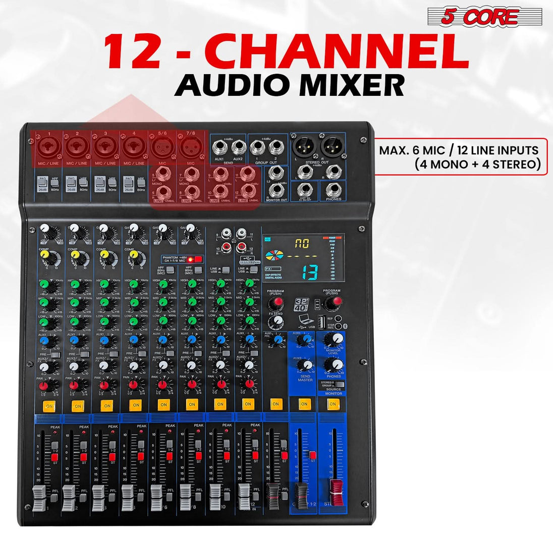 12-channel soundboard with multiple input options, clear audio controls, and professional-grade features for sound mixing