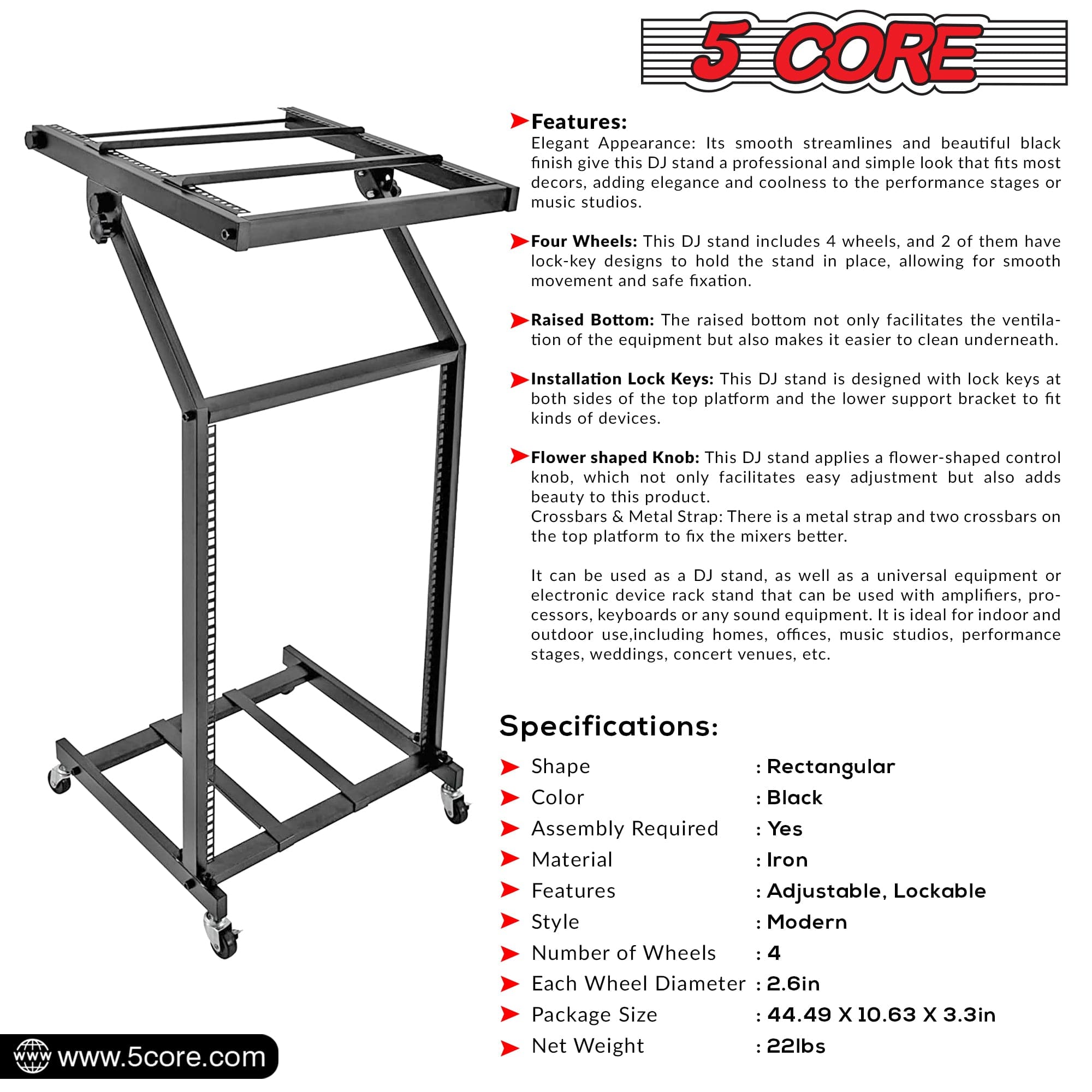 5Core DJ Mixer Stand 16U Adjustable Pro Audio Rack Mount Rolling Stage Cart w Wheel