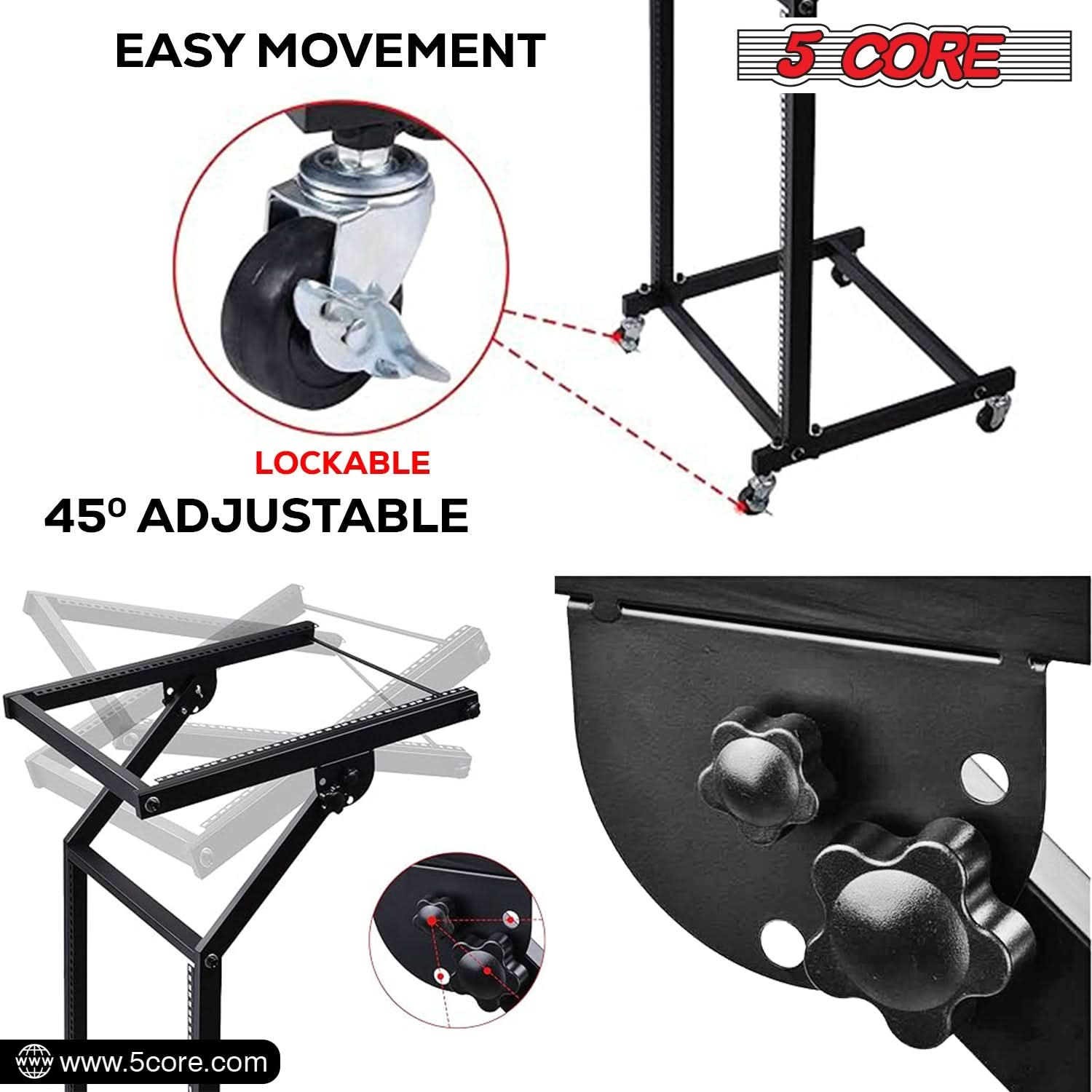 5Core DJ Mixer Stand 12U Adjustable Rack Mount Rolling Stage Cart Pro Audio Studio Equipment w Wheel