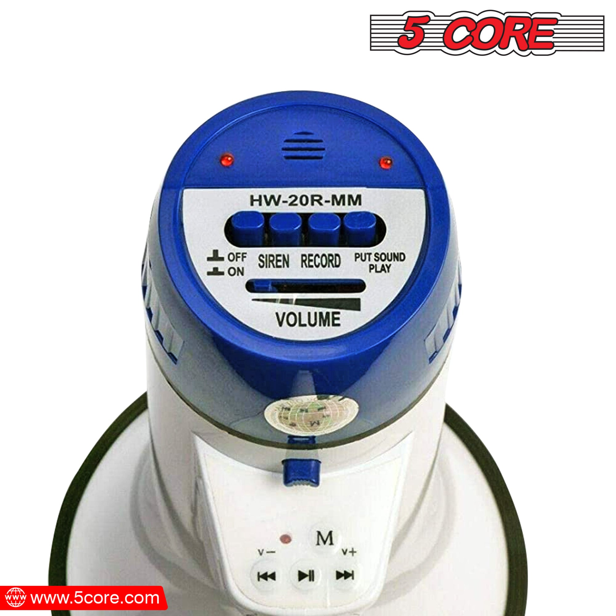 5 Core Megaphone PA Speaker 20W Bull Horn Loud Speaker Portable PA Horn w Recording Volume Control Blow Horn Siren Cheer Noise Maker - 20R-USB WoB