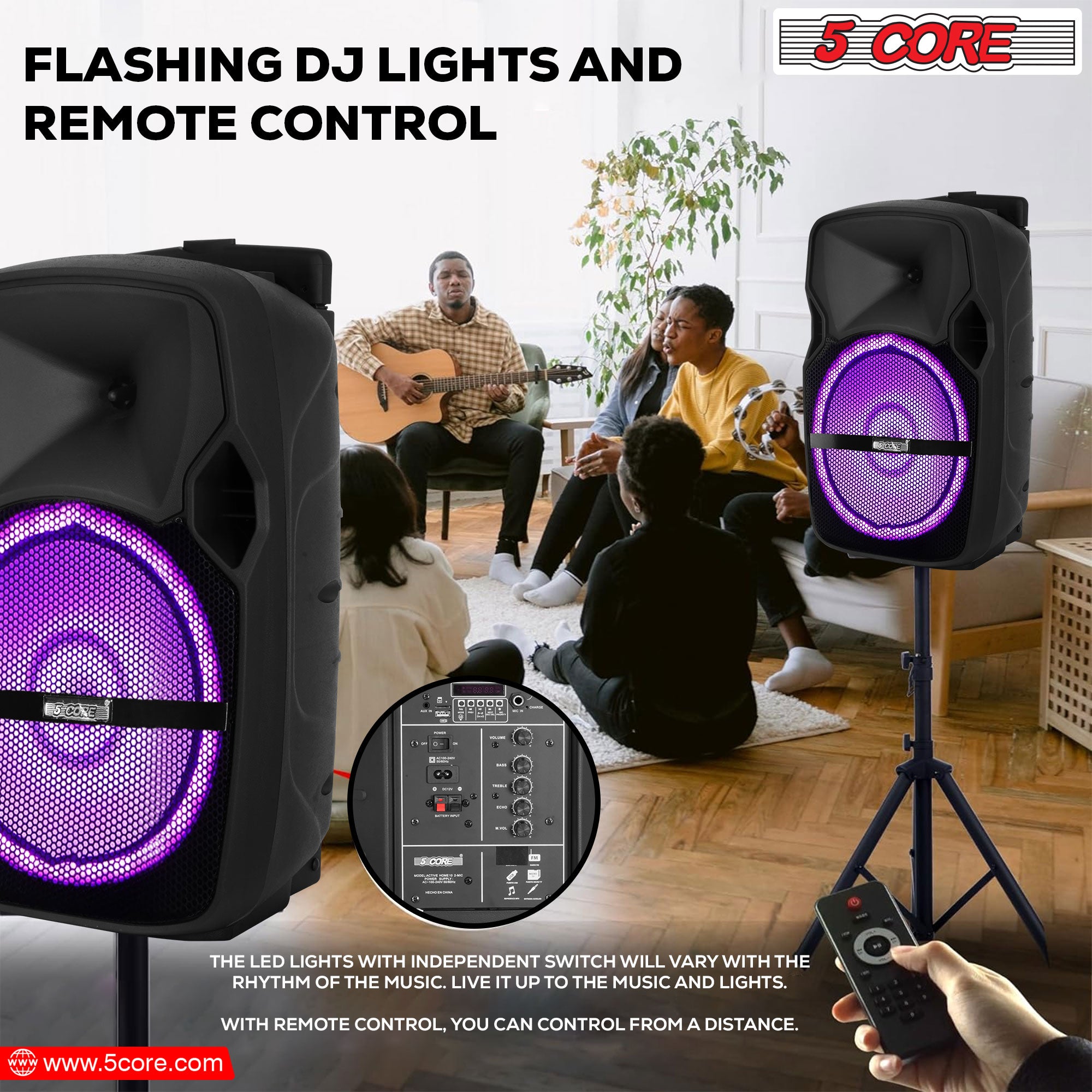 5 Core DJ speakers 10" Rechargeable Powered PA system 400W Loud Speaker Bluetooth USB SD Card AUX MP3 FM LED Ring - ACTIVE HOME 10 2-MIC