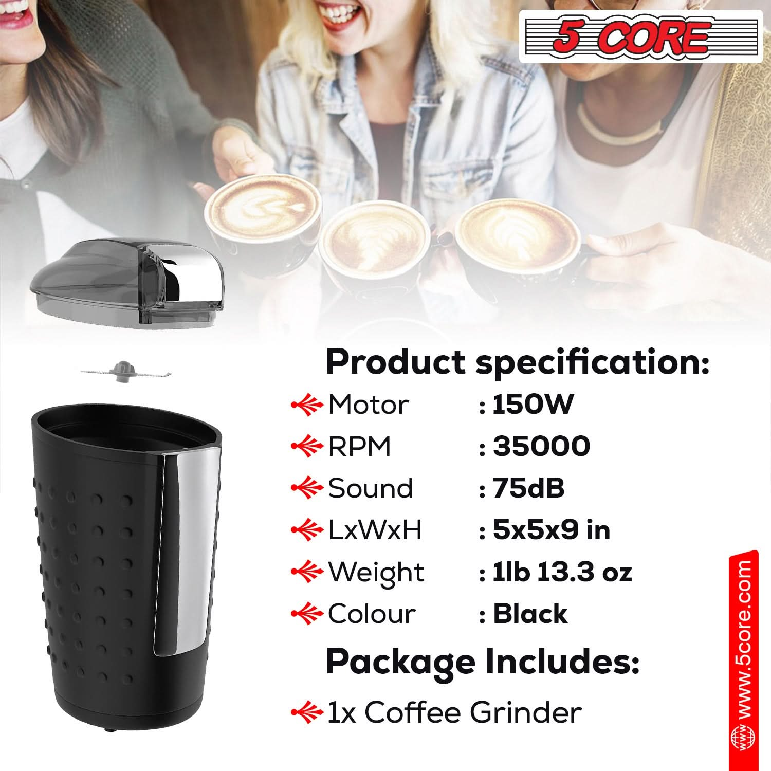 5 Core Coffee Grinder 85 Gram Capacity 150W Electric Bean Spice Grinders Black