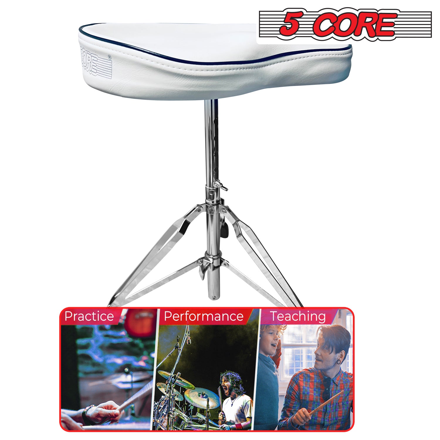 5 Core Drum Throne Thick Padded Comfortable Guitar Stool with Memory Foam Adjustable Padded Keyboard Chair Metal Piano Stool Premium Musician Chair White - DS CH BR SDL